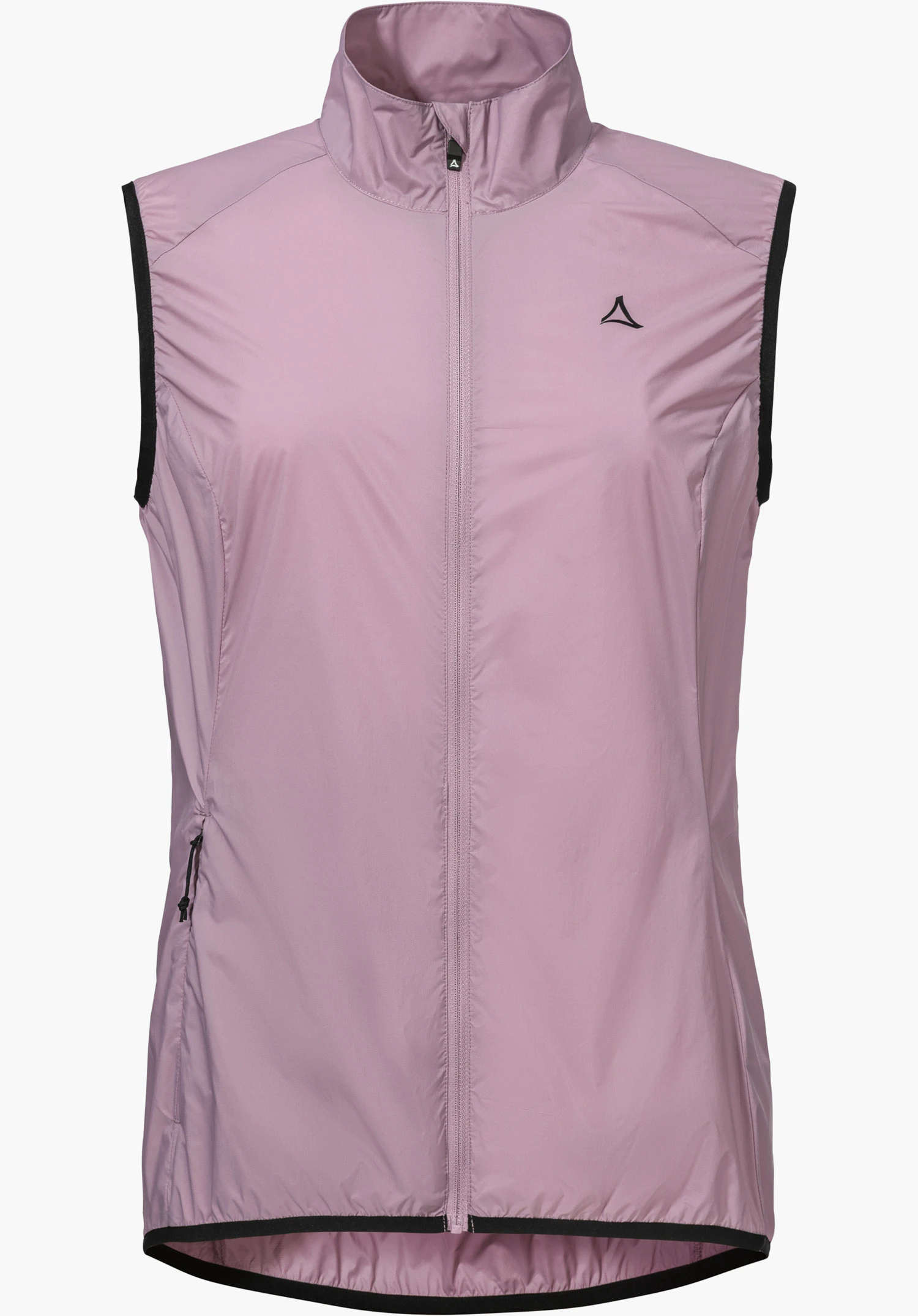 Vest Style Cannobio WMS en rose avec une fermeture zippée intégrale à l'avant, des bordures noires aux emmanchures et à l'ourlet, et le logo Schöffel sur la poitrine gauche, détouré sur fond blanc.