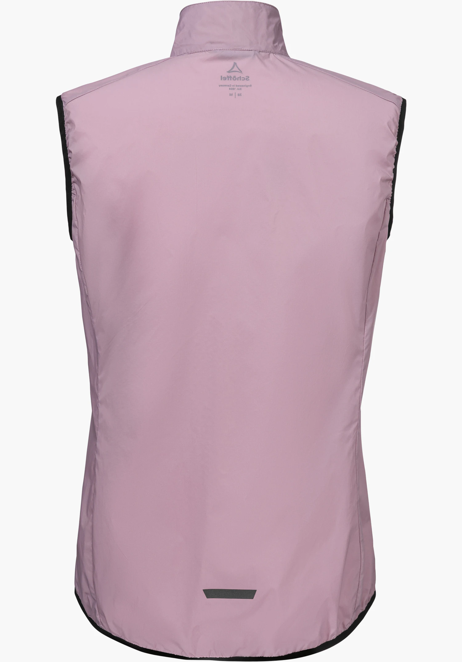 Vest Style Cannobio WMS in pink, shown from the back with dark bindings, a reflective detail at the bottom hem and the Schöffel logo visible through the neck area, isolated against a white background.
