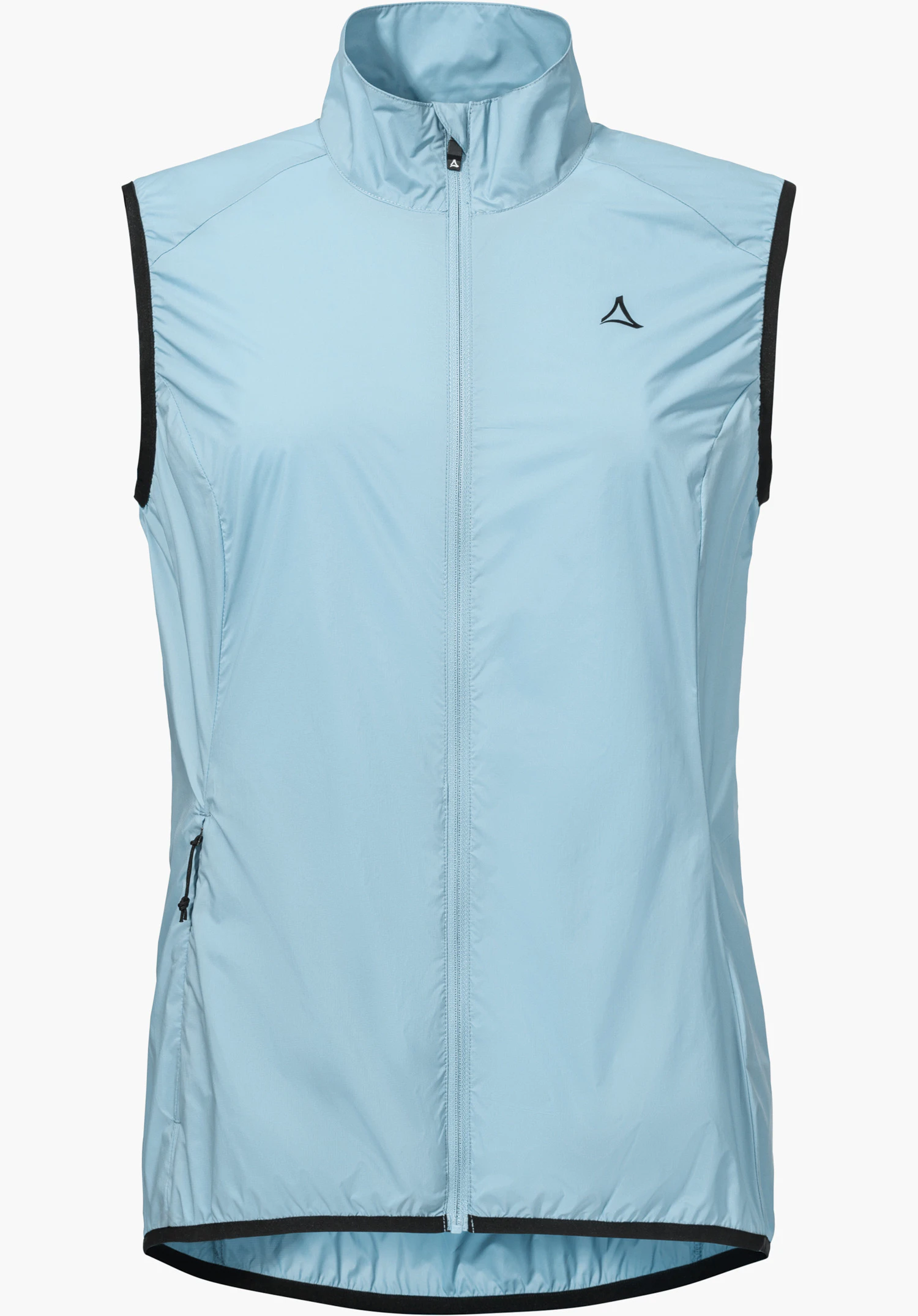 Vest Style Cannobio WMS in blue with a full-length front zip, black binding at the armholes and hem, and a Schöffel logo on the left chest, isolated against a white background.