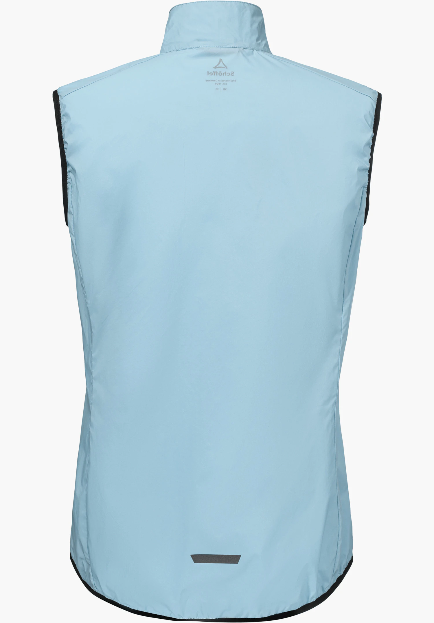 Vest Style Cannobio WMS in blue shows the back with black edges and a visible Schöffel logo on the inside collar, isolated on a white background.