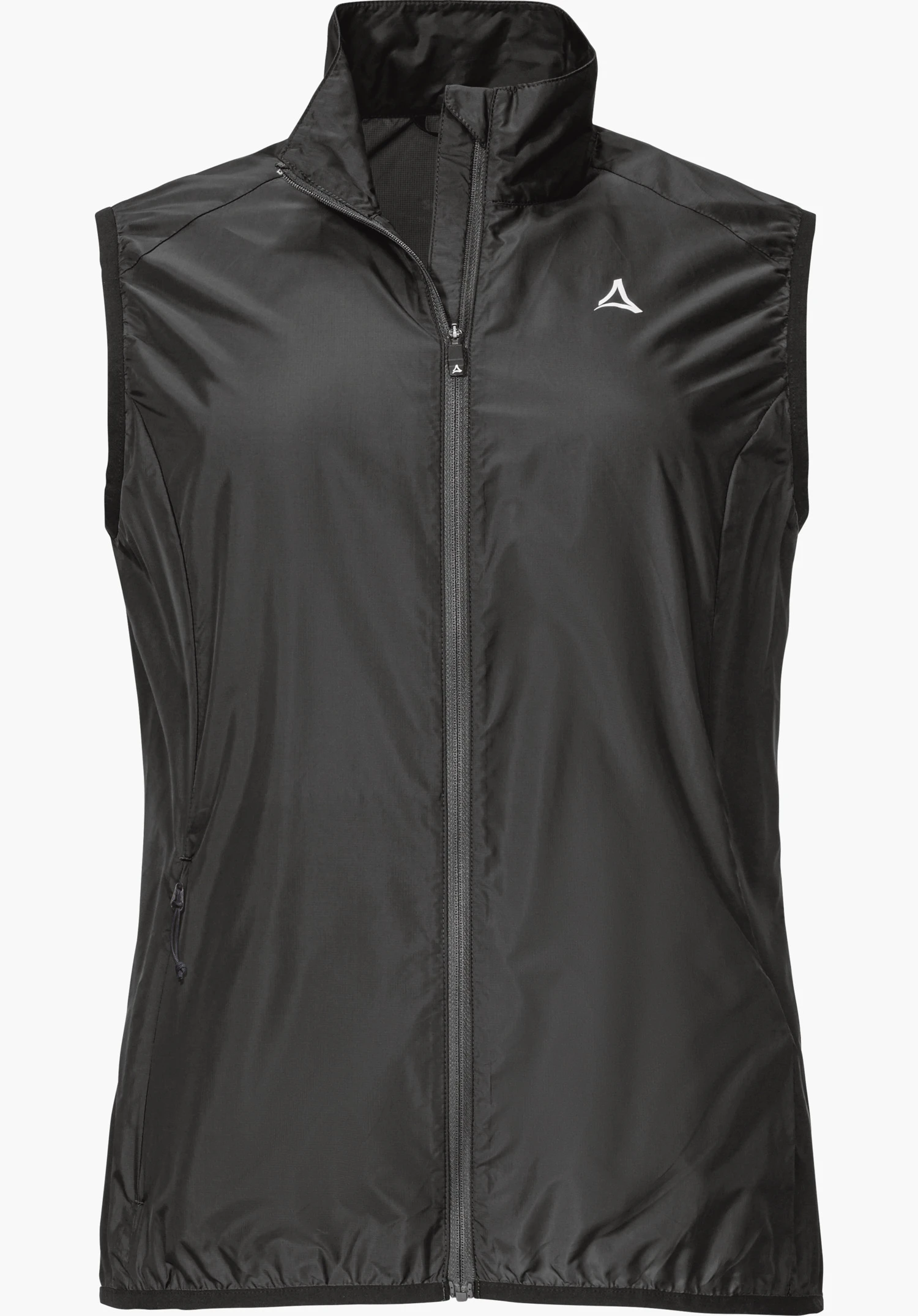 Vest Style Cannobio WMS in black colour, with a full-length front zip and white Schöffel logo on the left chest, isolated on a white background.