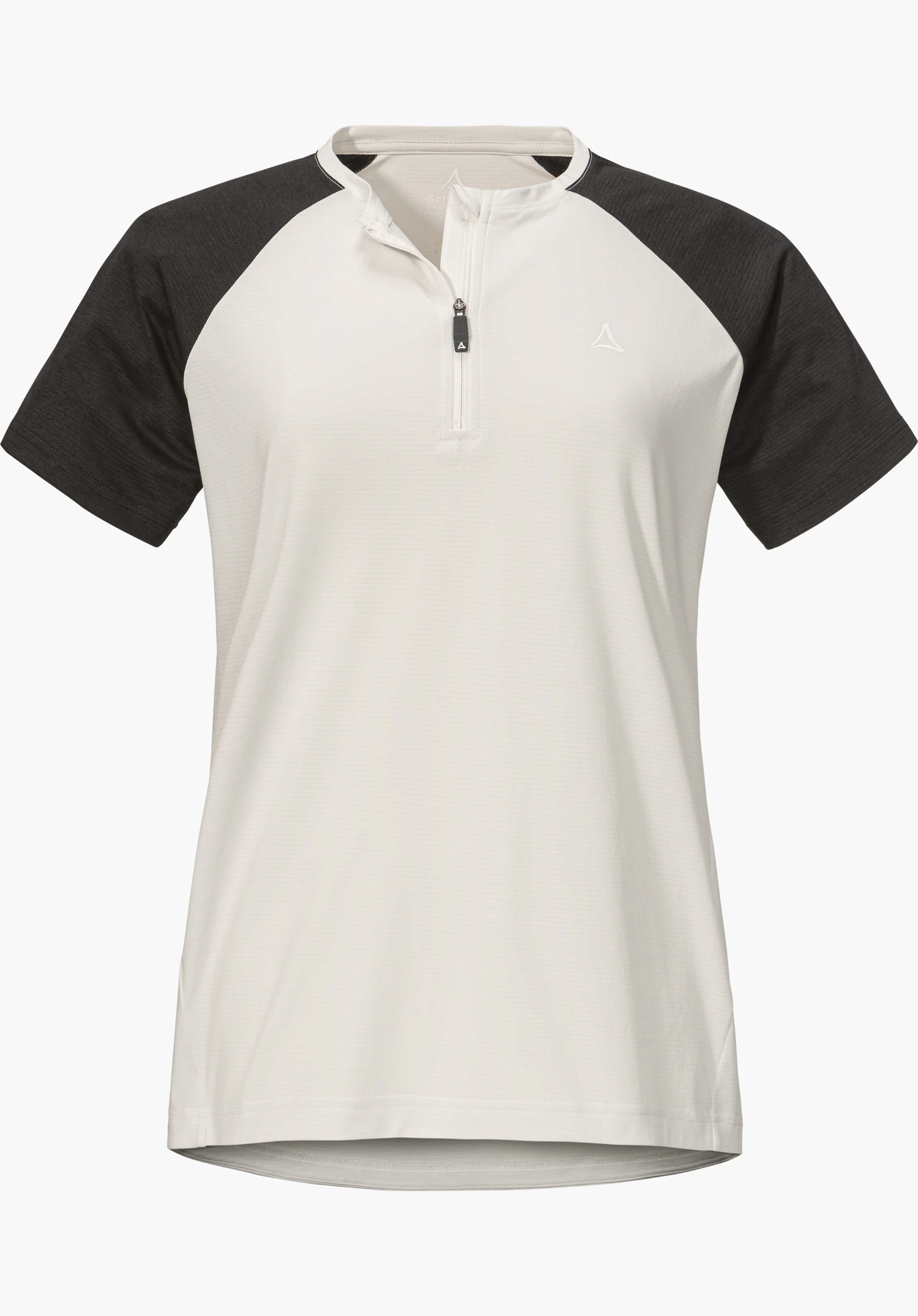 CIRC Shirt Style Wetluga WMS de couleur nature avec des manches foncées, un demi-zip et le logo Schöffel sur la poitrine gauche, détouré sur fond blanc.