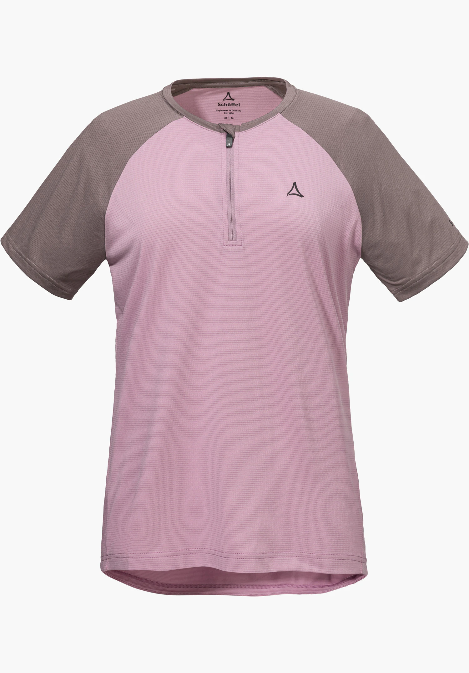 CIRC Shirt Style Wetluga WMS en rose avec des manches courtes contrastantes, une demi-fermeture éclair et le logo Schöffel sur la poitrine gauche, détouré sur fond blanc.