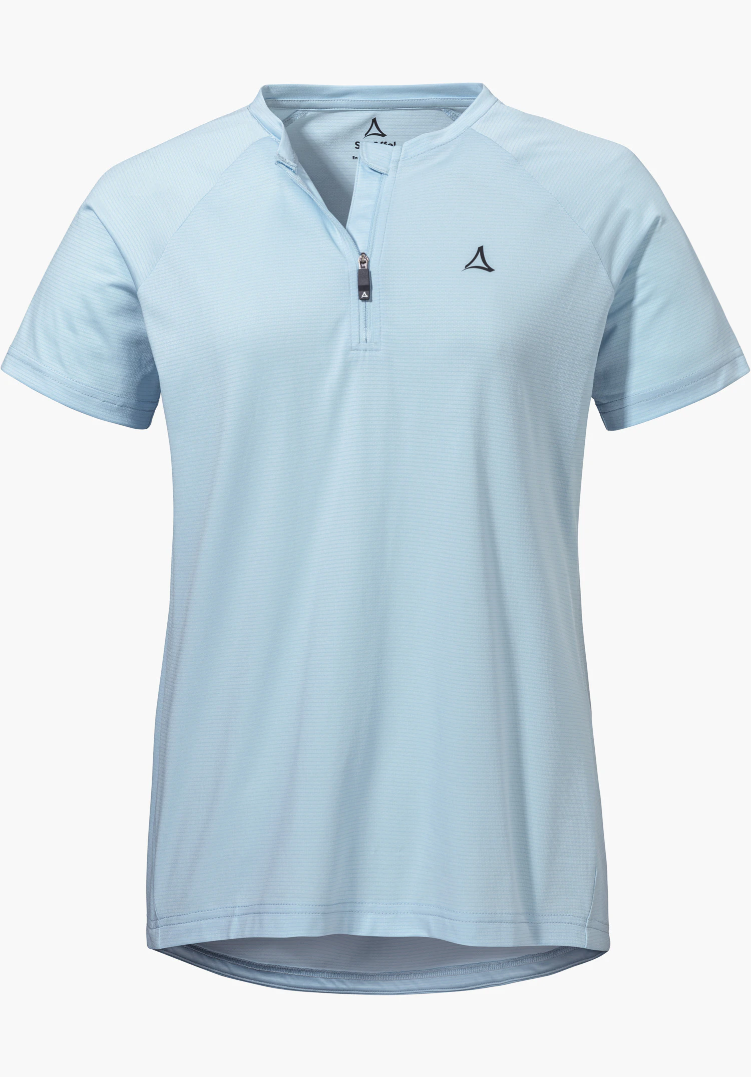 CIRC Shirt Style Wetluga WMS as a blue short-sleeved shirt with a half-zip and Schöffel logo on the chest, isolated against a white background.