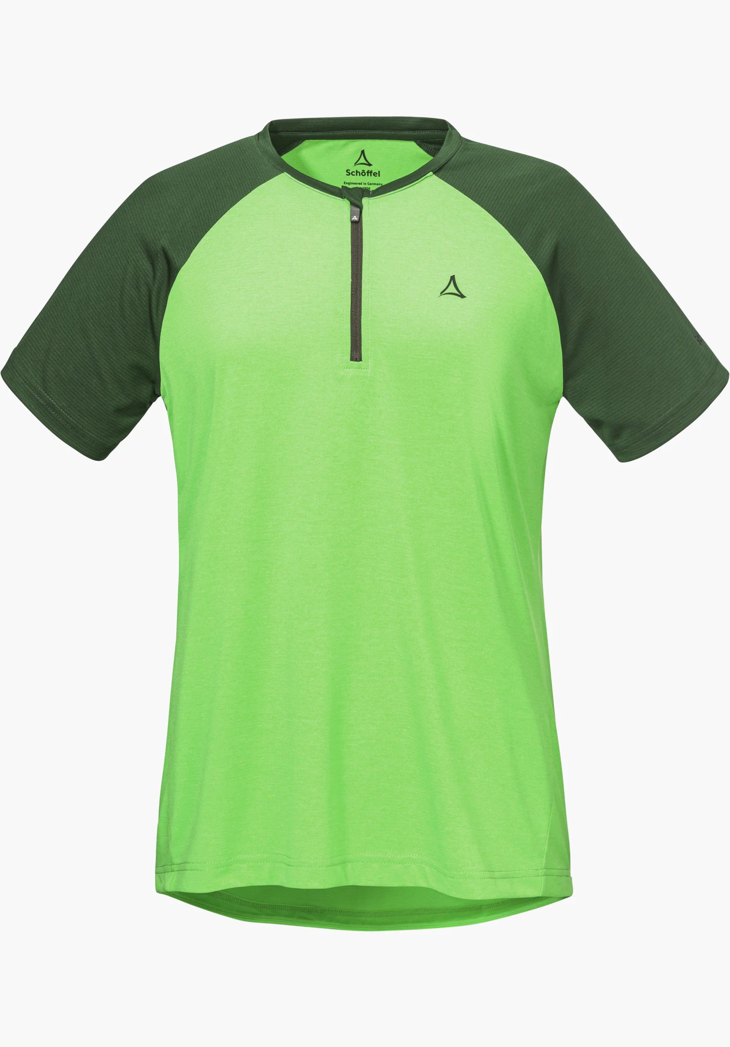 CIRC Shirt Style Wetluga WMS comme t-shirt à manches courtes en vert avec un demi-zip et le logo Schöffel sur la poitrine, détouré sur fond blanc.