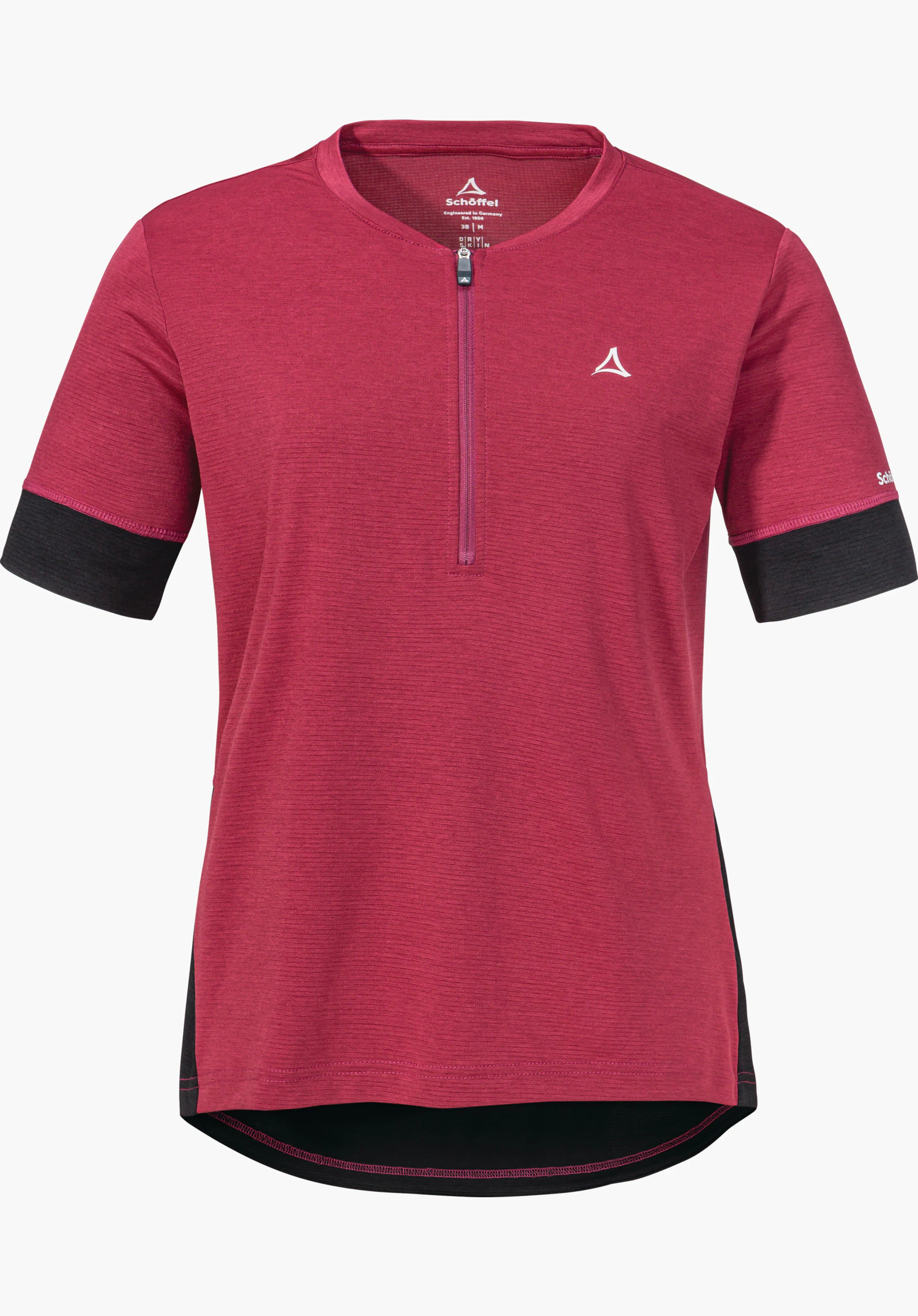 CIRC Shirt Style Pinega WMS t-shirt rouge à manches courtes avec demi-zip frontal, logo Schöffel sur la poitrine, bas des manches et ourlet noirs, sur fond blanc. Inscription: « Schöffel » (au col et sur la manche).
