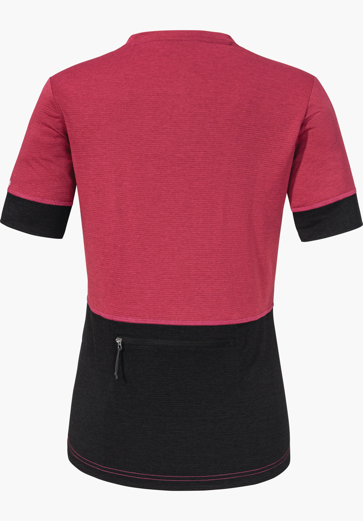 CIRC Shirt Style Pinega WMS T-shirt manches courtes, rouge foncé en haut et noir en bas; vue de dos; manches courtes, couture à la taille et poche zippée centrée; fond studio blanc.