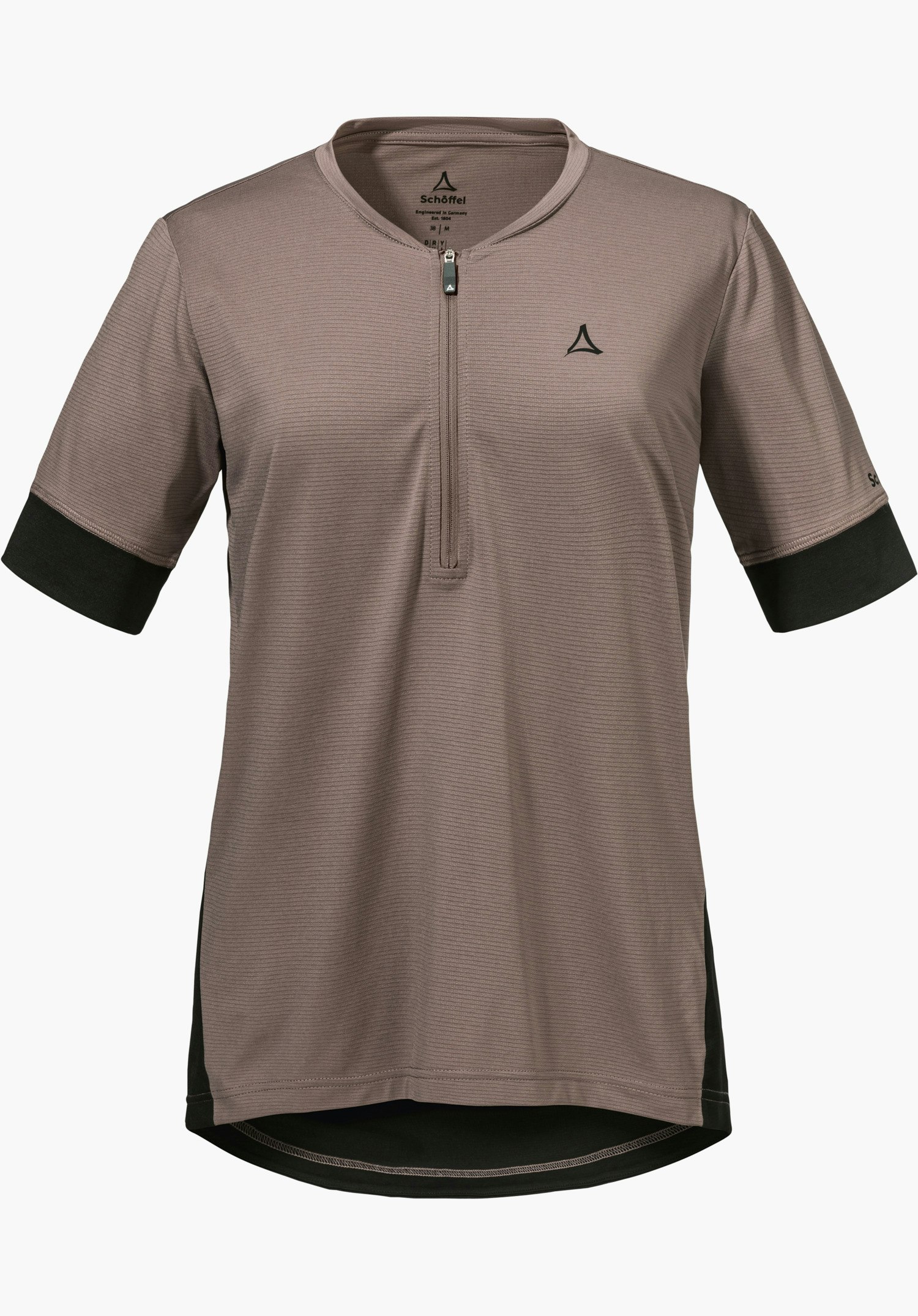CIRC Shirt Style Pinega WMS présenté comme un t-shirt à manches courtes marron avec un demi-zip, des poignets noirs et un logo Schöffel visible sur la poitrine gauche, détouré sur fond blanc.