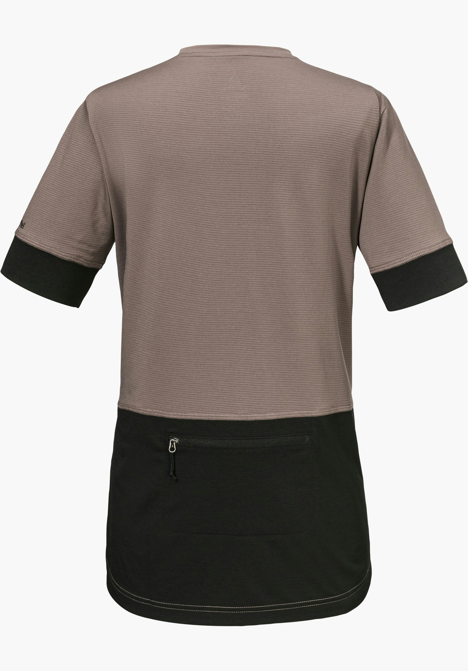 CIRC Shirt Style Pinega WMS en marron, vue de dos avec des bords de manches noirs, un panneau inférieur noir au dos avec une poche zippée et le logo Schöffel sur la manche gauche, détouré sur fond blanc.