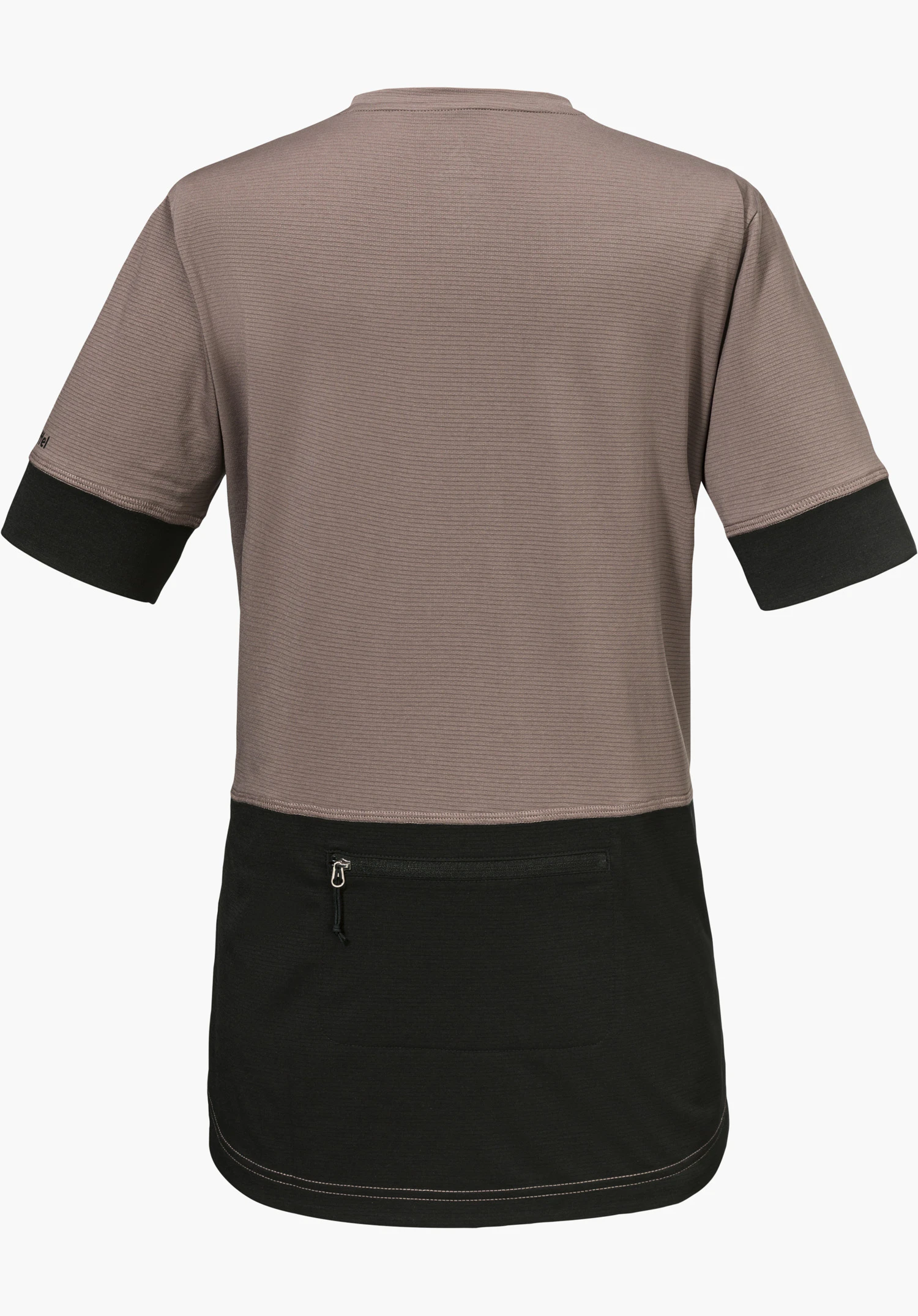 CIRC Shirt Style Pinega WMS en marron, vue de dos avec des bords de manches noirs, un panneau inférieur noir au dos avec une poche zippée et le logo Schöffel sur la manche gauche, détouré sur fond blanc.