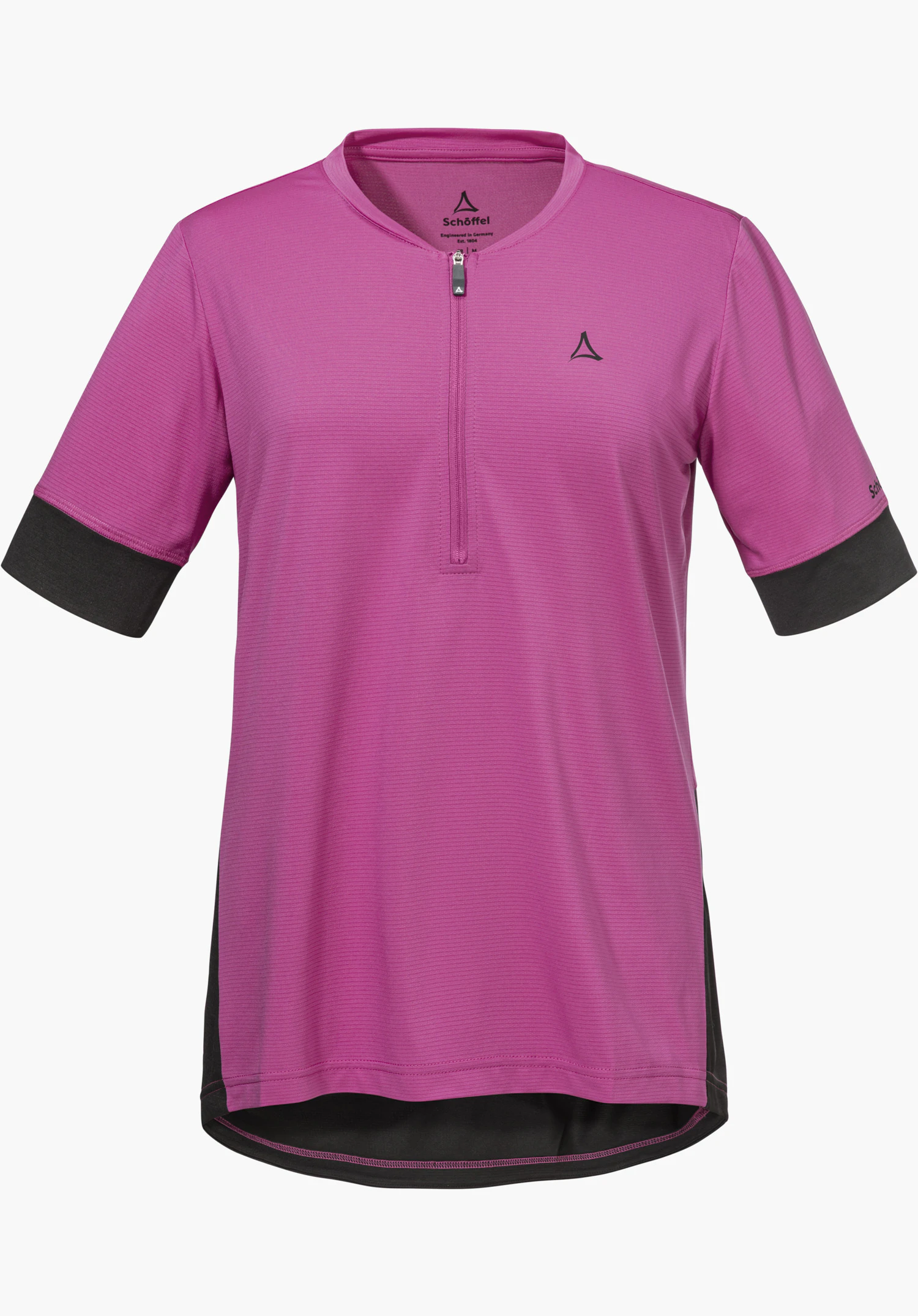 CIRC Shirt Style Pinega WMS in Pink mit schwarzen Kontrastdetails an Ärmeln und Saum, einem halben Reißverschluss und dem Schöffel-Logo auf der Brust, freigestellt vor weißem Hintergrund.