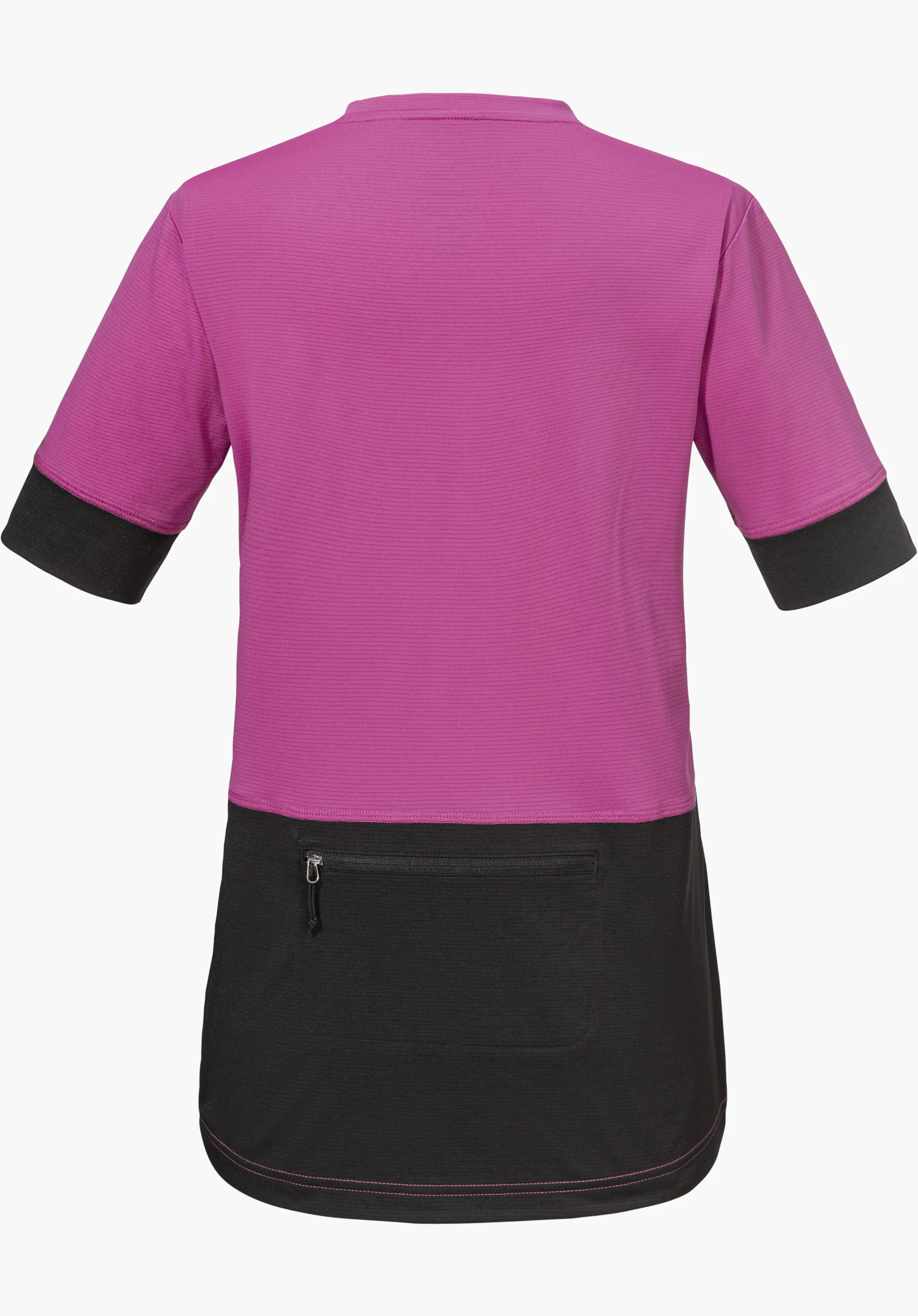 CIRC Shirt Style Pinega WMS in Pink mit schwarzen Ärmelabschlüssen und einem schwarzen unteren Rückenbereich mit Reißverschlusstasche, in der Rückansicht gezeigt, freigestellt vor weißem Hintergrund.