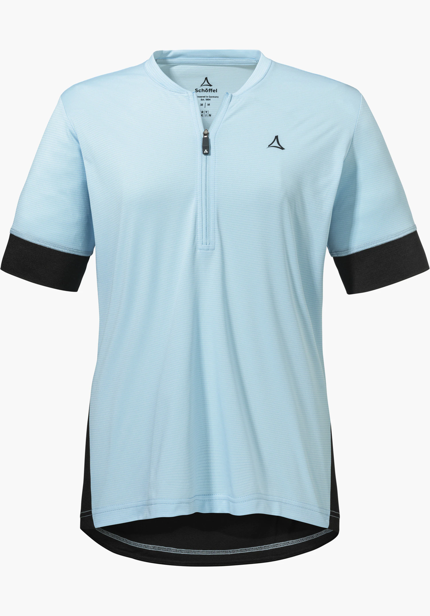 CIRC Shirt Style Pinega WMS en bleu avec des poignets noirs, une courte fermeture éclair sur le devant et le logo Schöffel sur la poitrine gauche, détouré sur fond blanc.