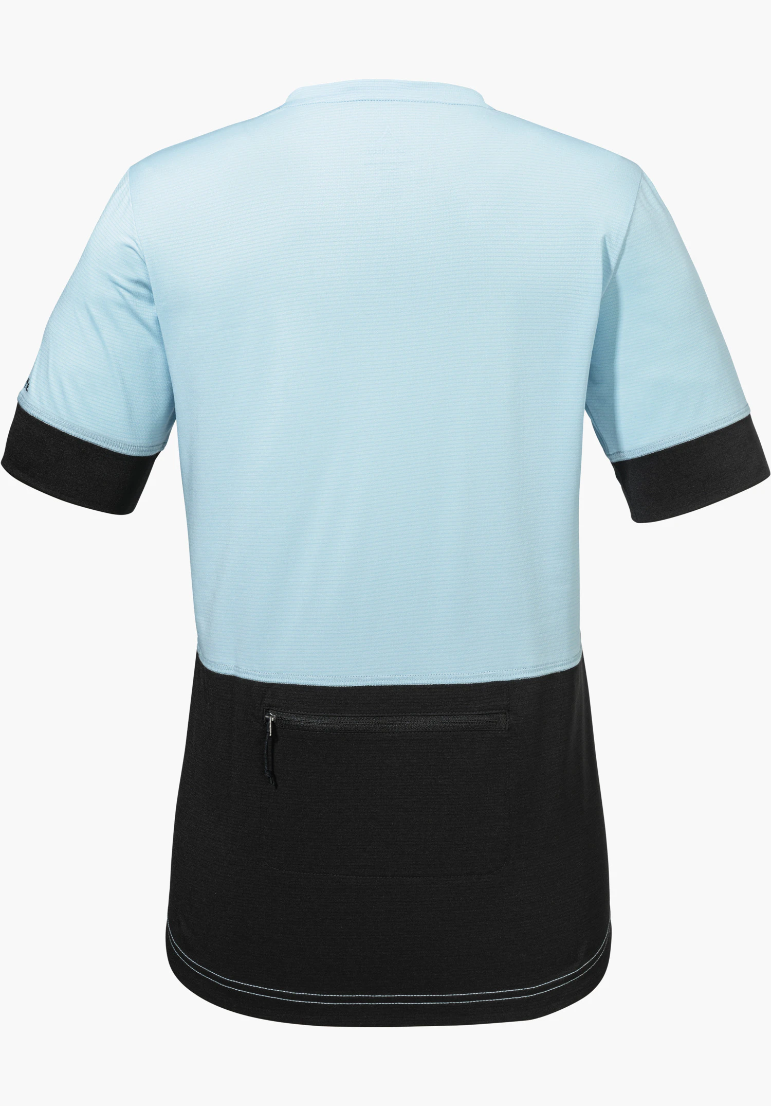 CIRC Shirt Style Pinega WMS en bleu et noir vu de dos avec une poche zippée dans le bas du dos, isolé sur fond blanc.