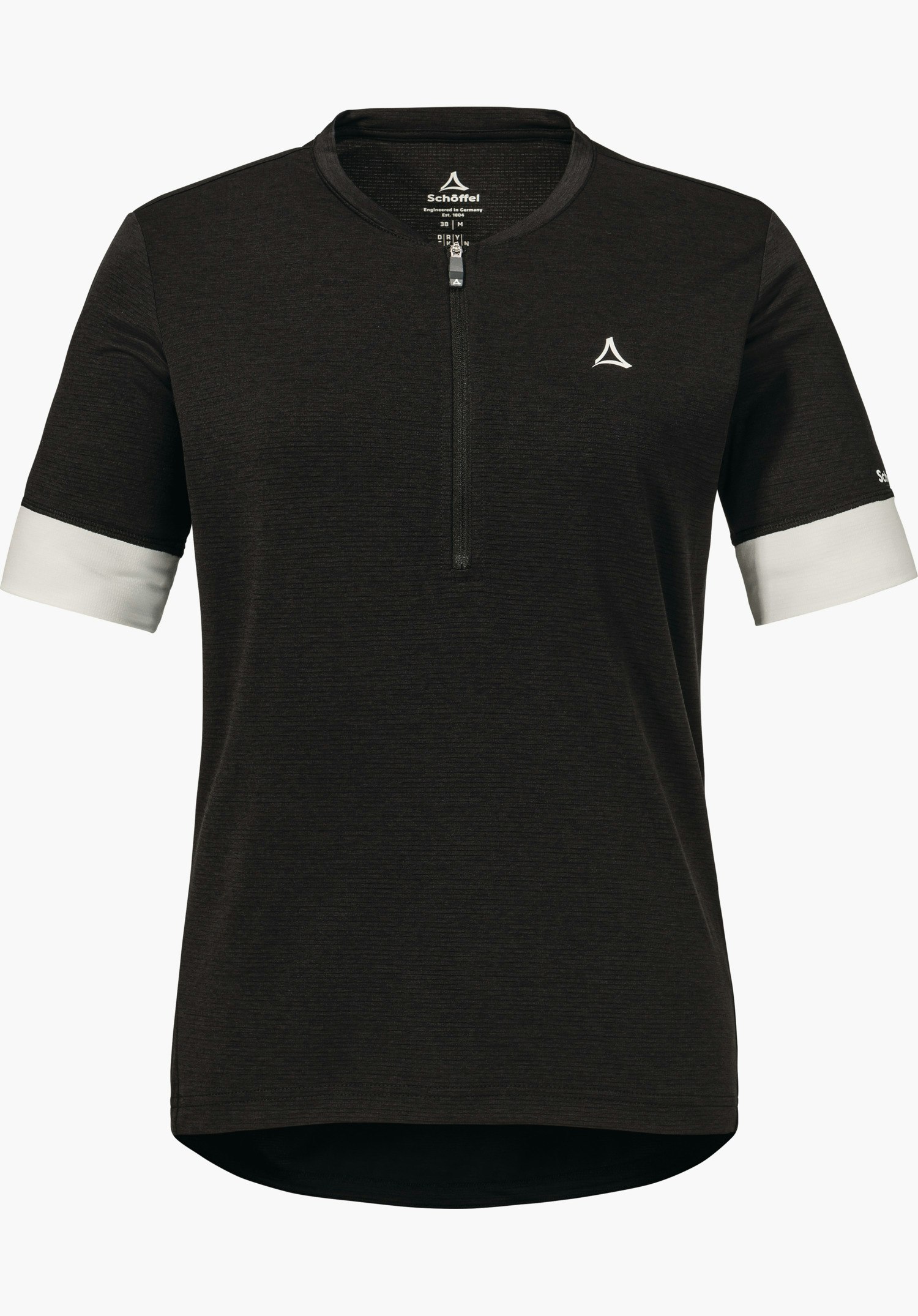 CIRC Shirt Style Pinega WMS en noir avec des bords de manches blancs, un demi-zip et le logo Schöffel sur la poitrine, détouré sur fond blanc.