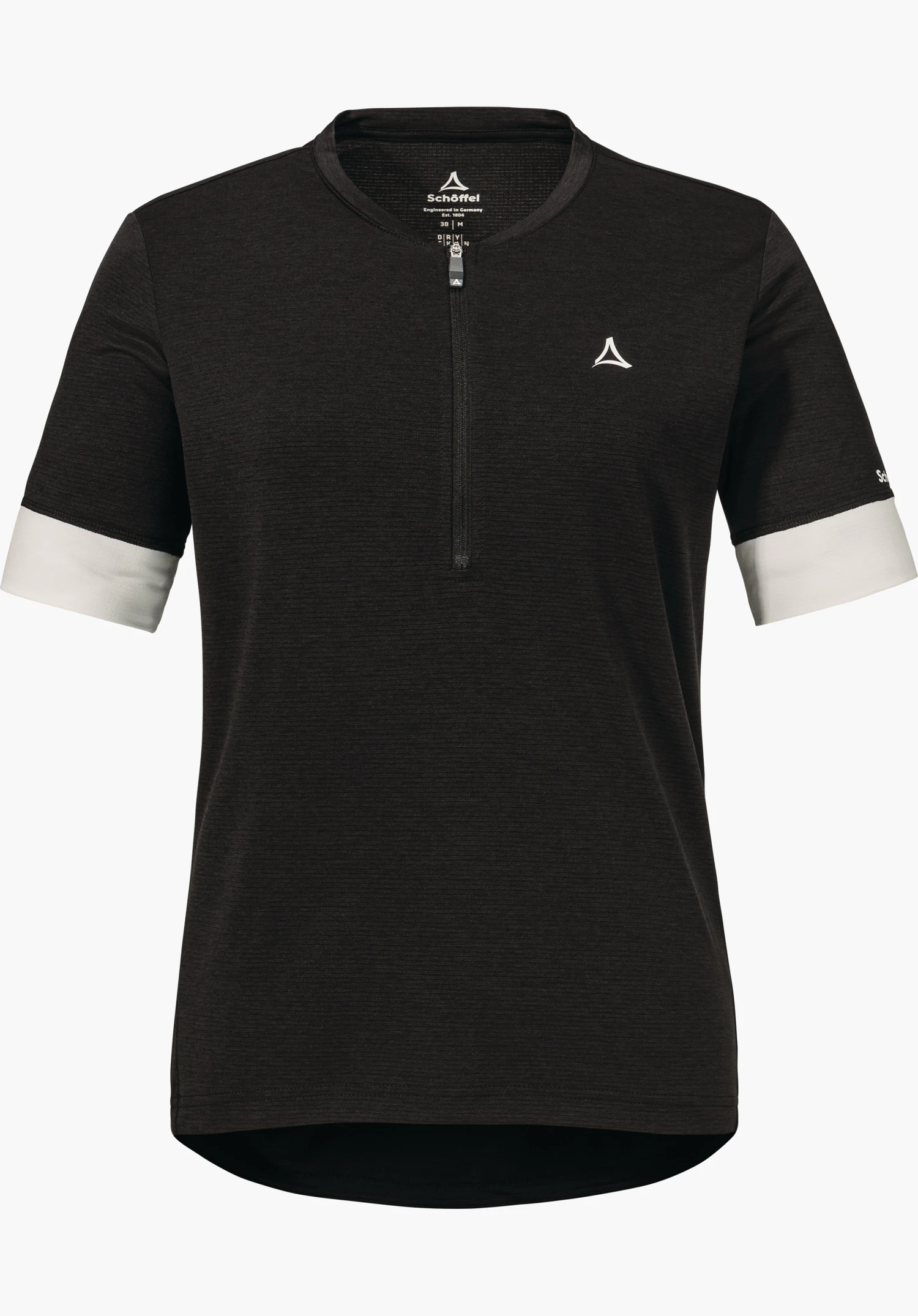 CIRC Shirt Style Pinega WMS in Schwarz mit weißen Ärmelabschlüssen, einem halben Reißverschluss und dem Schöffel-Logo auf der Brust, freigestellt vor weißem Hintergrund.