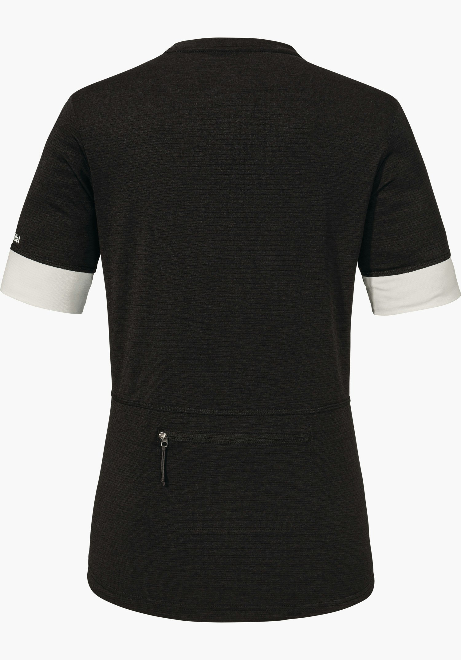 CIRC Shirt Style Pinega WMS in Schwarz in der Rückansicht, mit weißen Ärmelabschlüssen, einer Reißverschlusstasche am unteren Rücken und einem auf dem linken Ärmel sichtbaren Schöffel-Logo, freigestellt vor weißem Hintergrund.