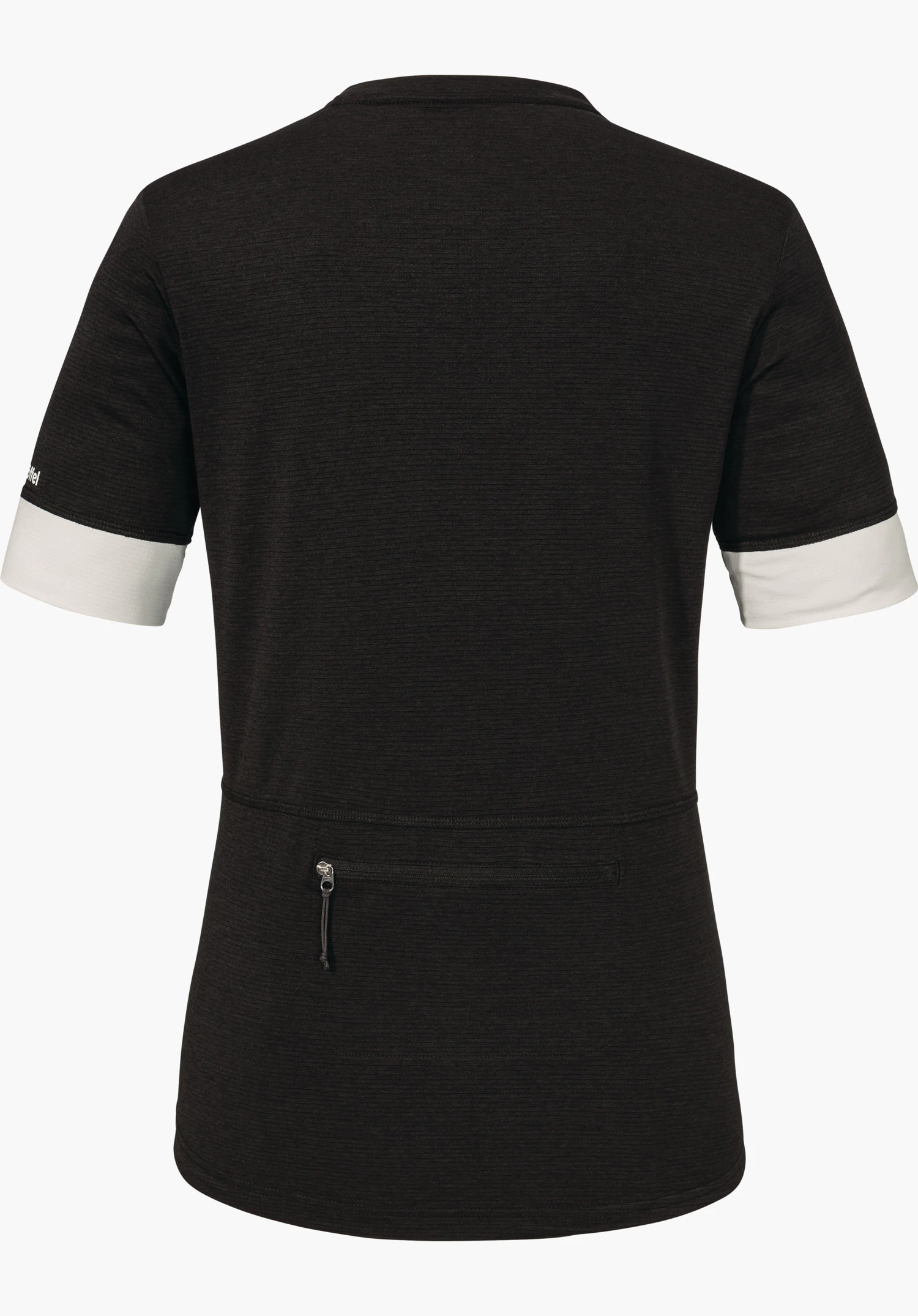 CIRC Shirt Style Pinega WMS en noir vu de dos, avec des poignets de manches blancs, une poche zippée dans le bas du dos et un logo Schöffel visible sur la manche gauche, détouré sur fond blanc.