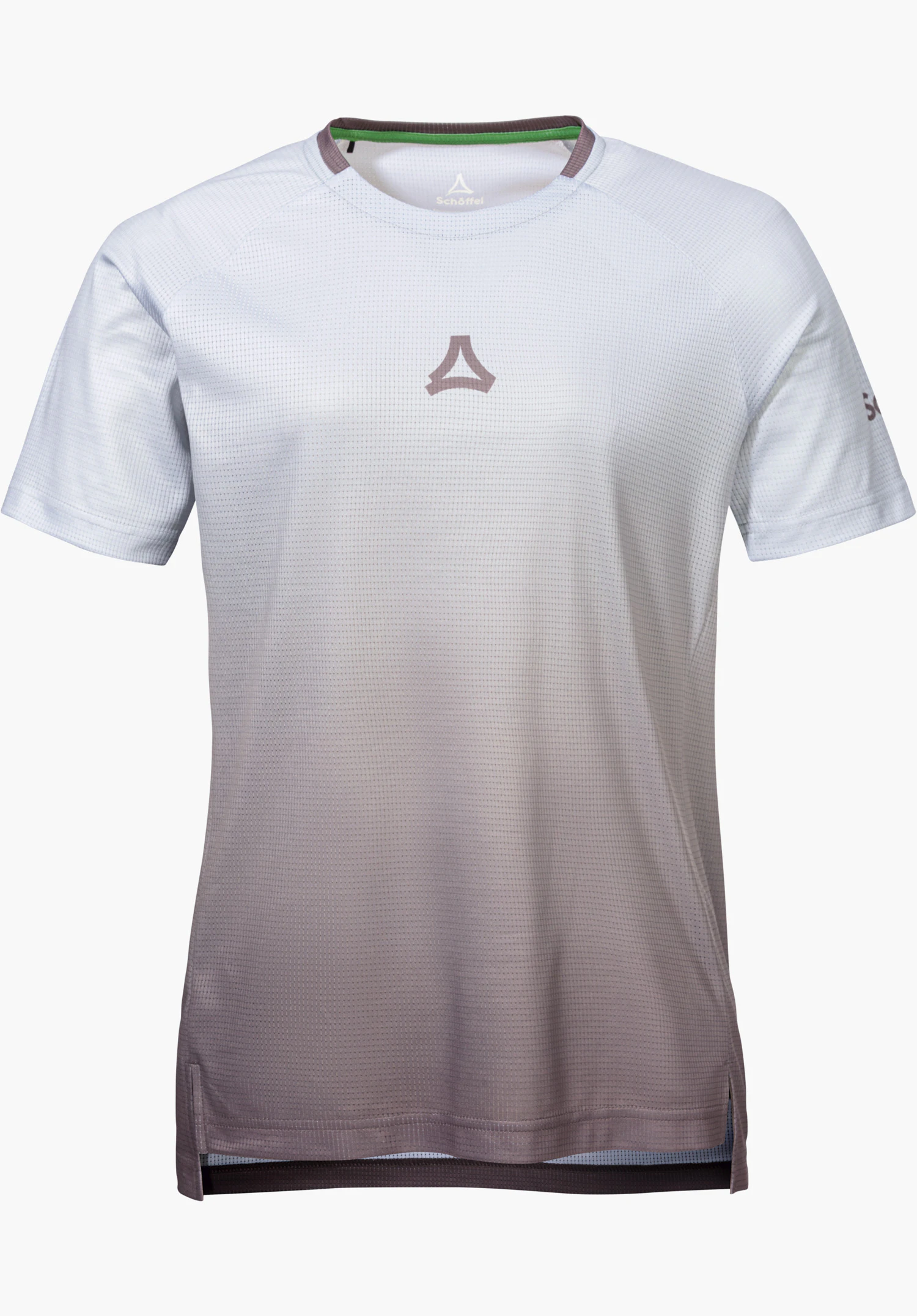 Shirt Style Koitere WMN in Braun mit einem Farbverlauf von Weiß zu Braun, kurzen Ärmeln und einem zentralen Schöffel-Logo auf der Brust, freigestellt vor weißem Hintergrund.