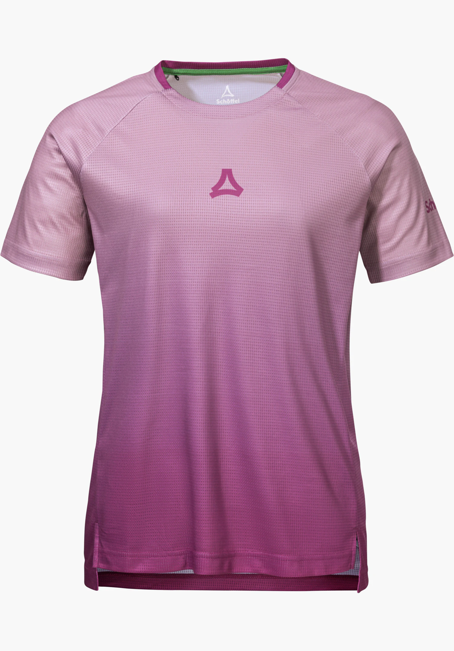 Shirt Style Koitere WMN in pink with a colour gradient, short sleeves and the Schöffel logo on the chest, isolated against a white background.