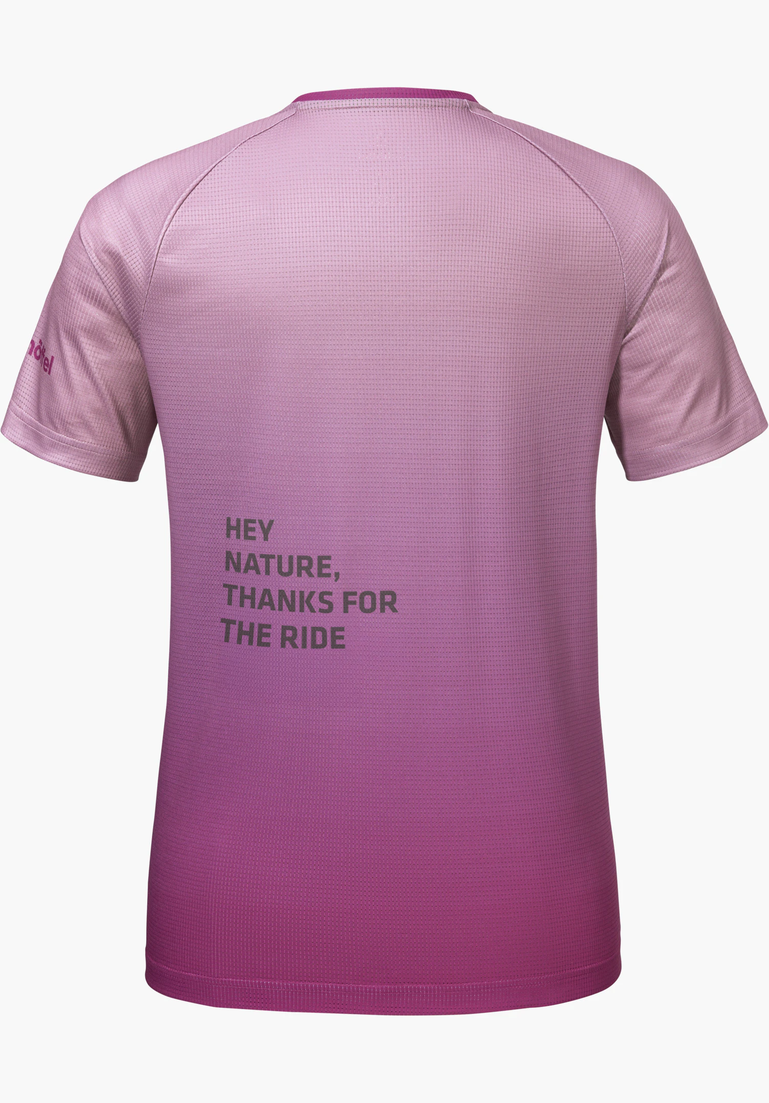 Shirt Style Koitere WMN in pink shows the back with a colour gradient, the print 'HEY NATURE, THANKS FOR THE RIDE' and the Schöffel logo on the left sleeve, isolated against a white background.