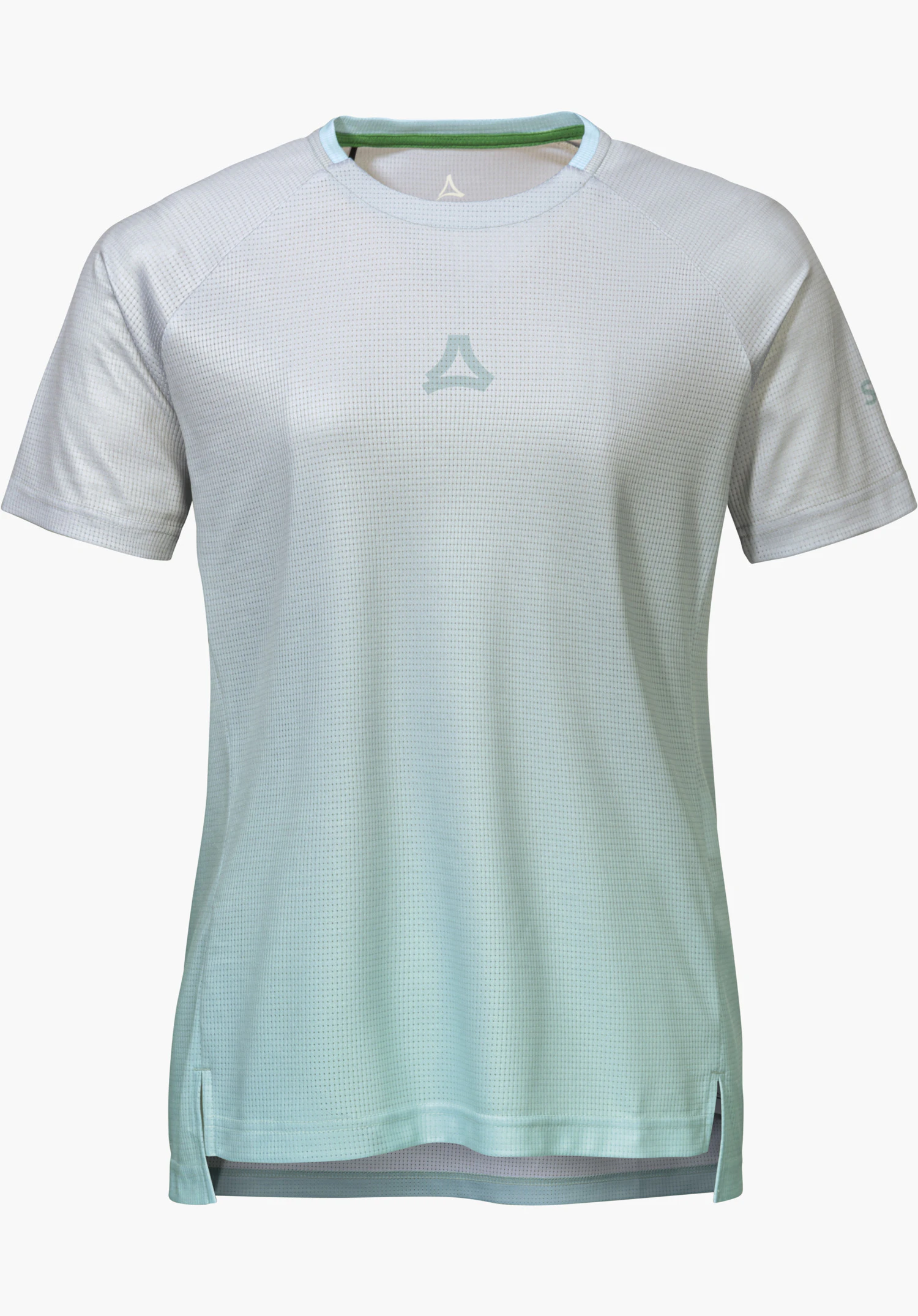 Shirt Style Koitere WMN in Blau mit Farbverlauf und Schöffel-Logo auf der Brust, freigestellt vor weißem Hintergrund.