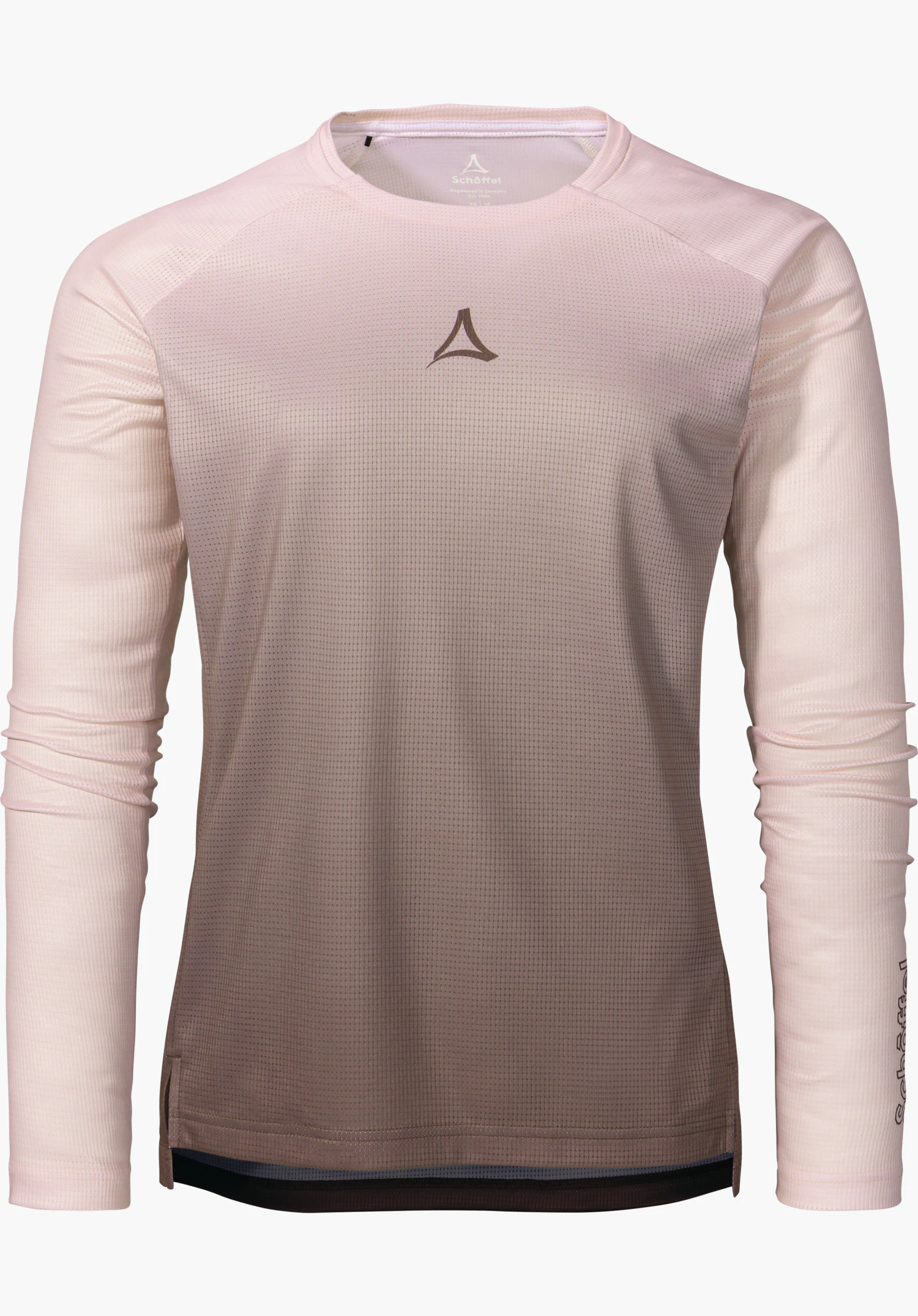 Longsleeve Style Koitere WMS t-shirt à manches longues, présenté de face, dégradé du rose clair vers le marron au bas, logo Schöffel au centre de la poitrine; sur fond blanc. Inscription dans l’image: « Schöffel ».