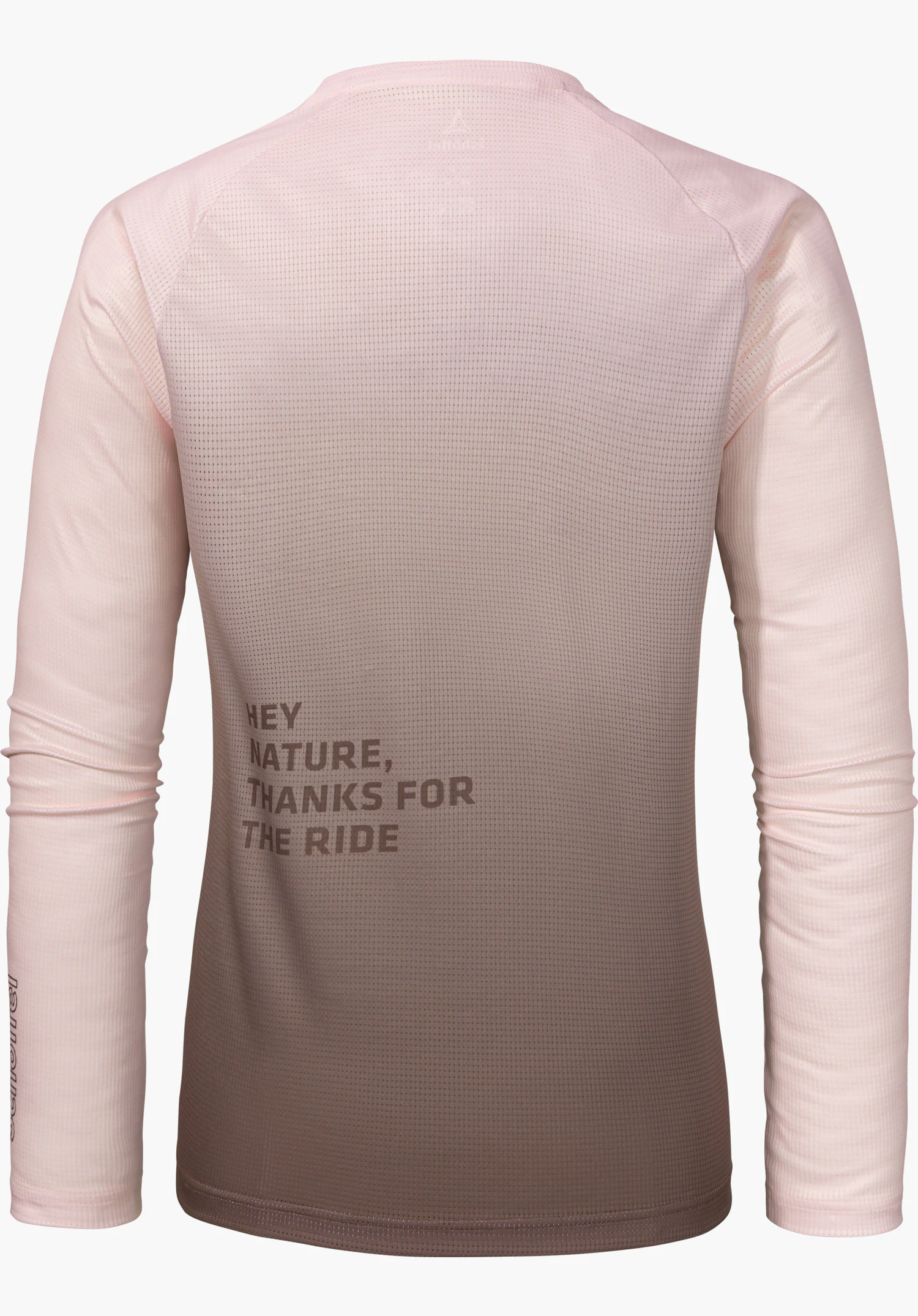 Longsleeve Style Koitere WMS haut manches longues, vue arrière; dégradé rose clair vers violet foncé; texte imprimé: "HEY NATURE, THANKS FOR THE RIDE"; logo Schöffel centré en haut; fond clair neutre.