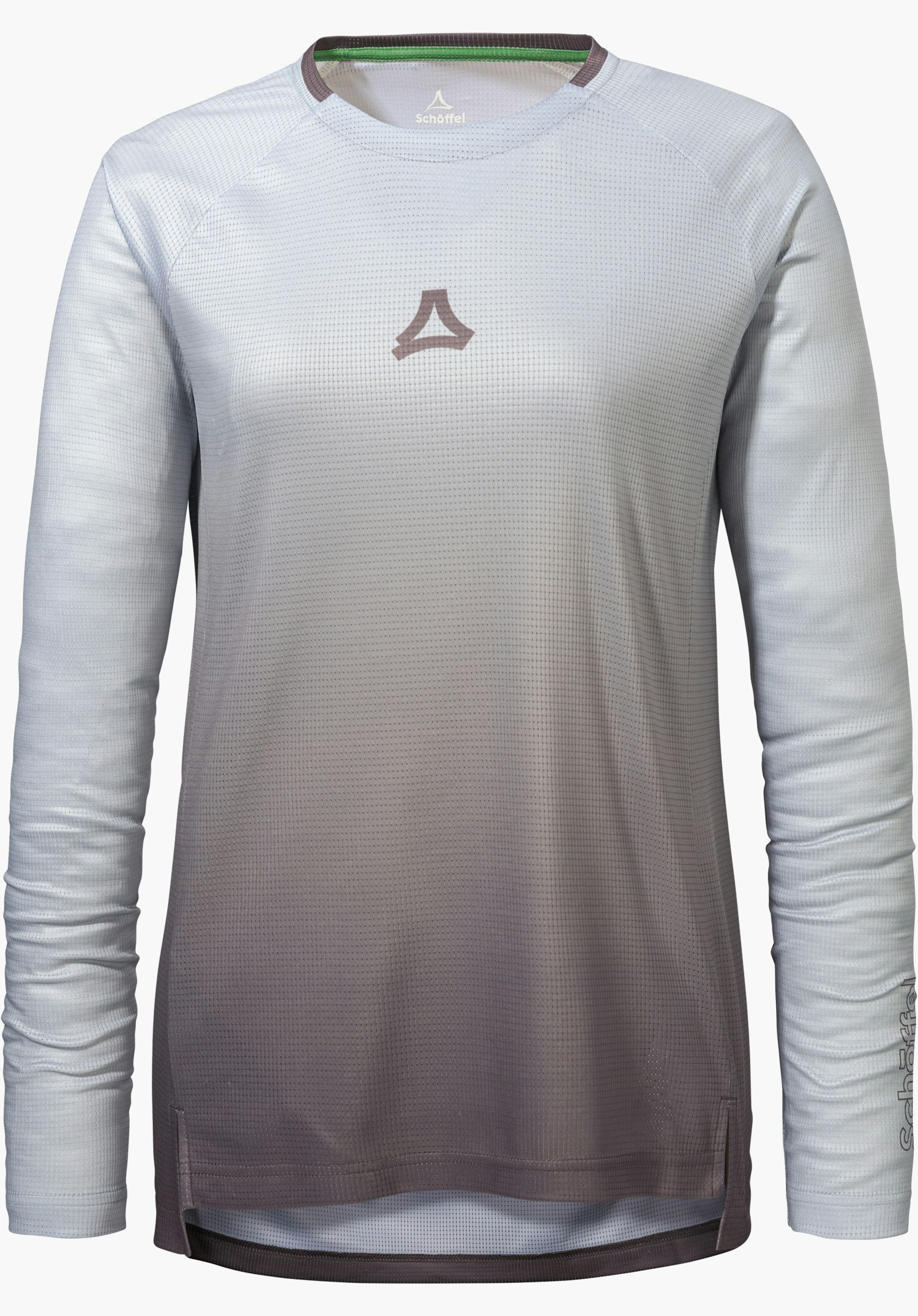 Longsleeve Style Koitere WMN in lila met een kleurverloop en het Schöffel-logo op de borst, vrijstaand tegen een witte achtergrond.