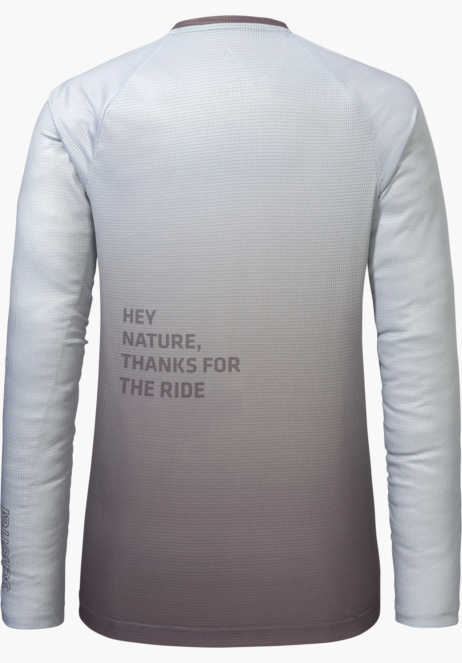 Longsleeve Style Koitere WMN de couleur violette, vue de dos avec l'inscription "HEY NATURE, THANKS FOR THE RIDE" sur le dos et le logo Schöffel sur la manche gauche, détouré sur fond blanc.