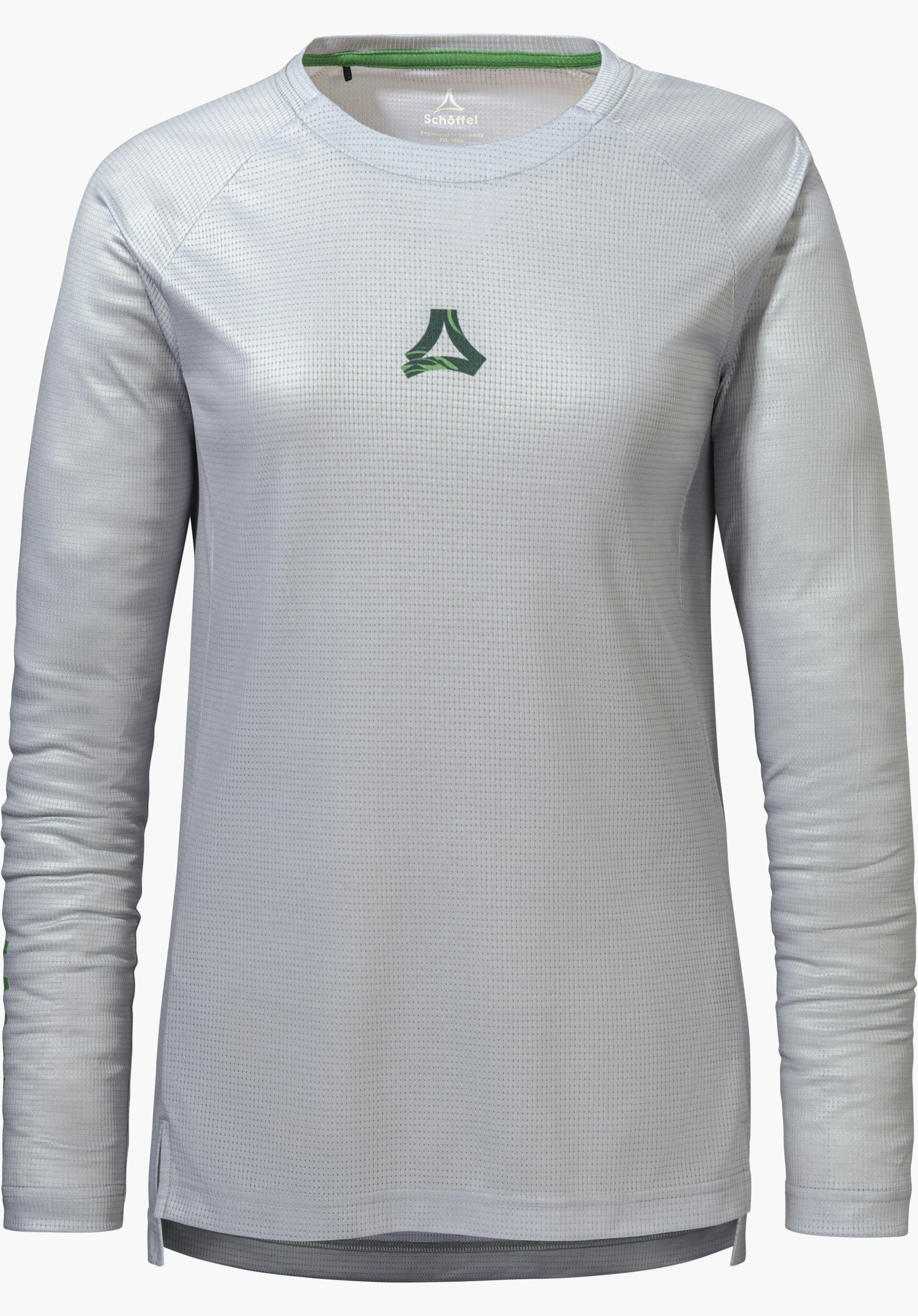 Longsleeve Style Koitere WMN en gris avec un Schöffel-Logo vert sur la poitrine, détouré sur fond blanc.