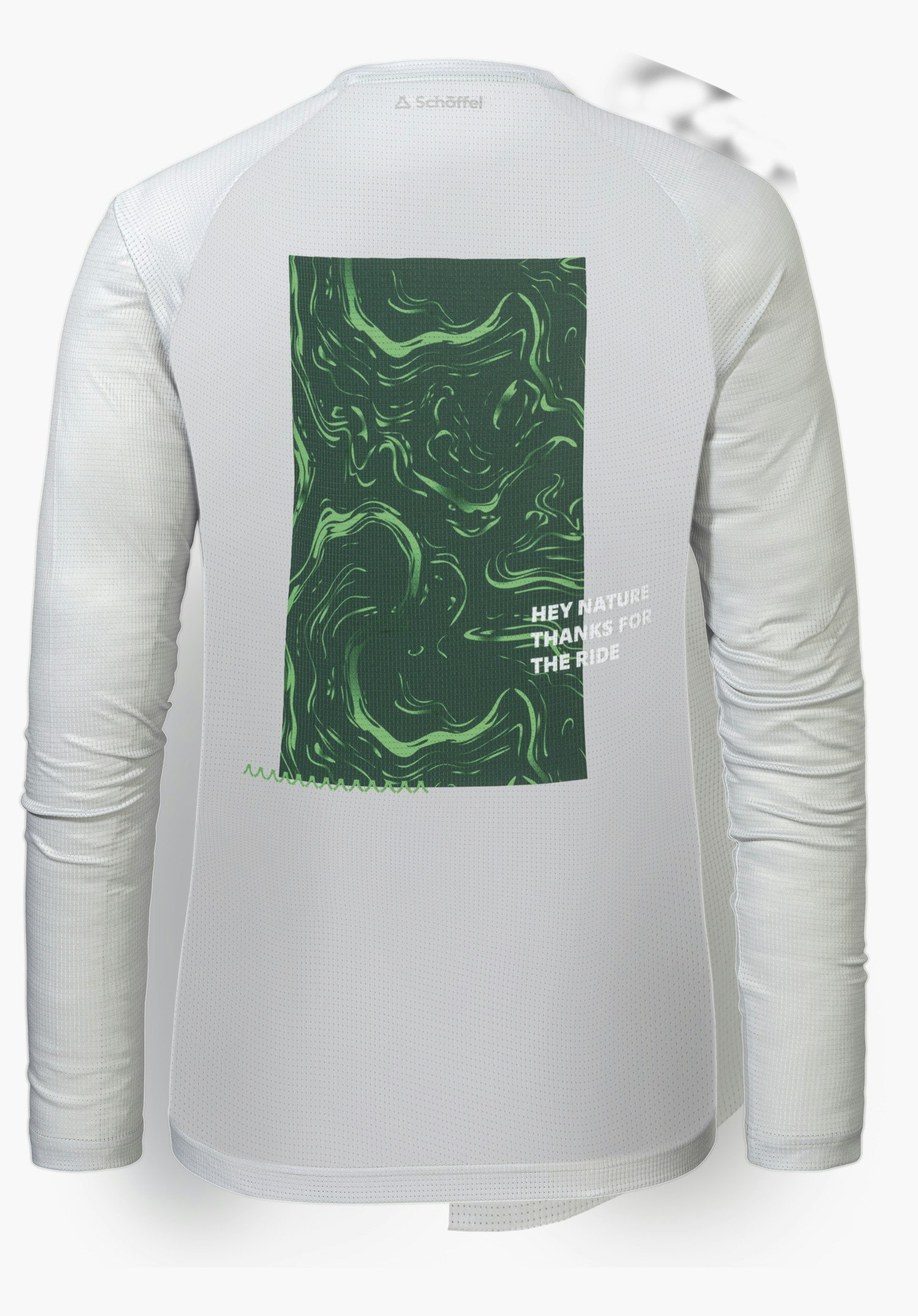 Longsleeve Style Koitere WMN in grey shows the back view with a bold green graphic print including lettering as well as the subtle Schöffel logo in the neck area, isolated against a white background.
