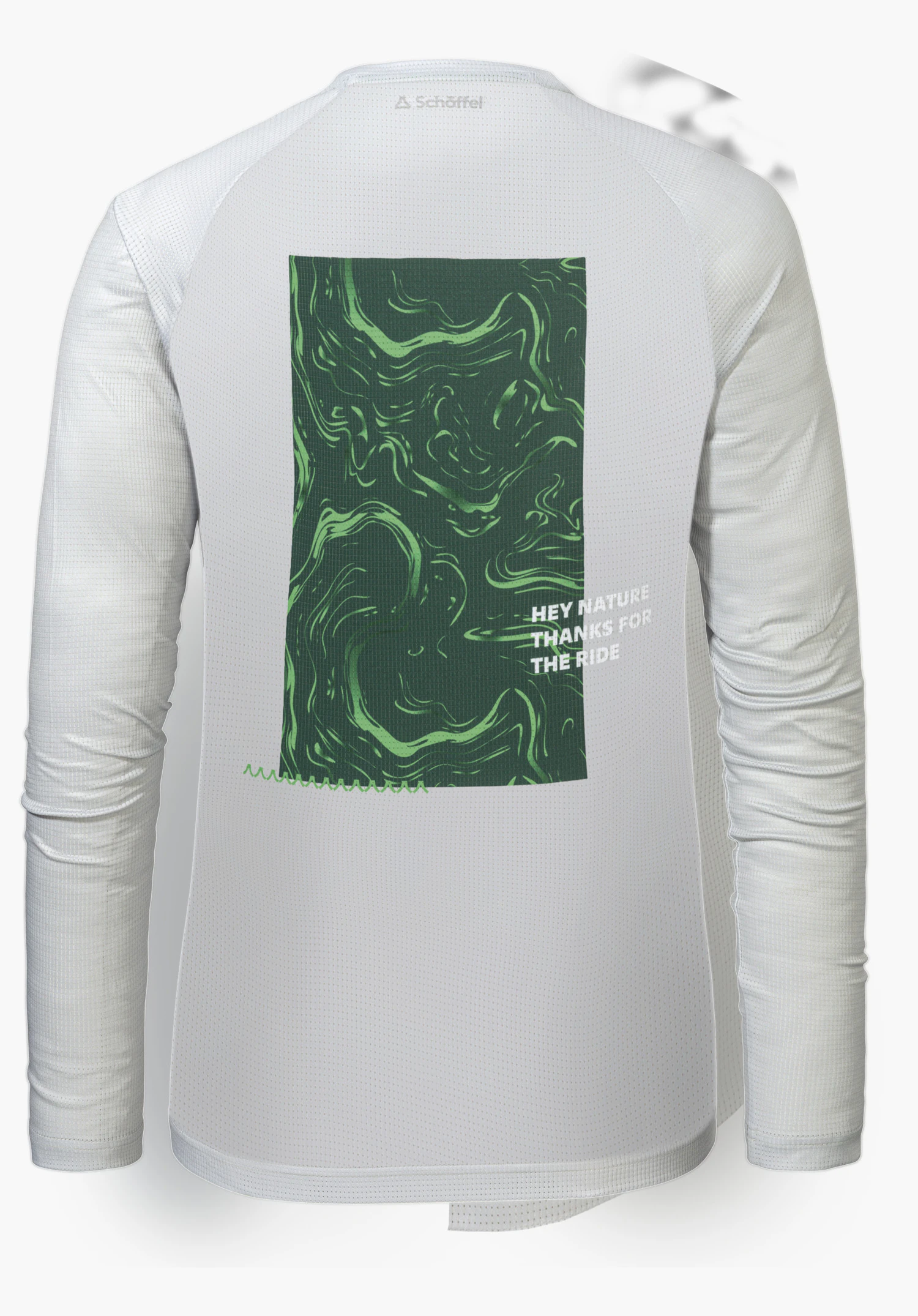 Longsleeve Style Koitere WMN en gris présente la vue arrière avec un imprimé graphique vert frappant incluant un lettrage ainsi que le logo Schöffel discret au niveau de la nuque, détouré sur fond blanc.