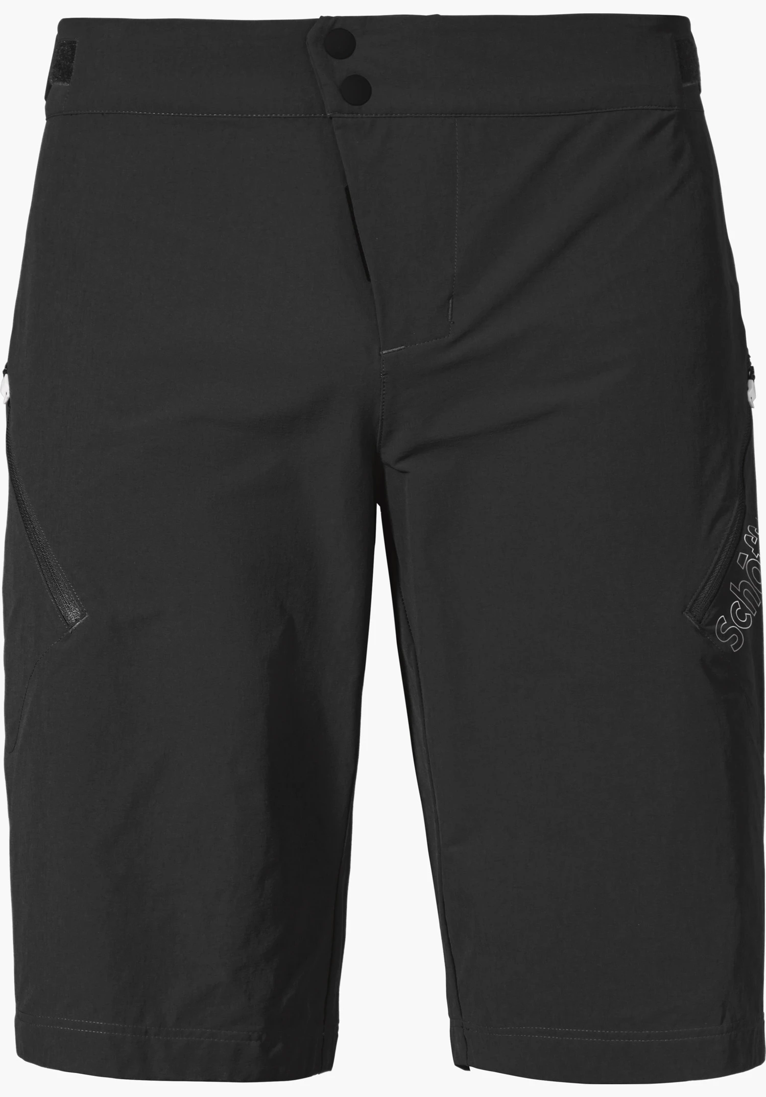 Shorts Style Puula MNS knee-length black shorts, front view laid flat, side zip pockets and front press-stud closure; “schöffel” text on right leg.