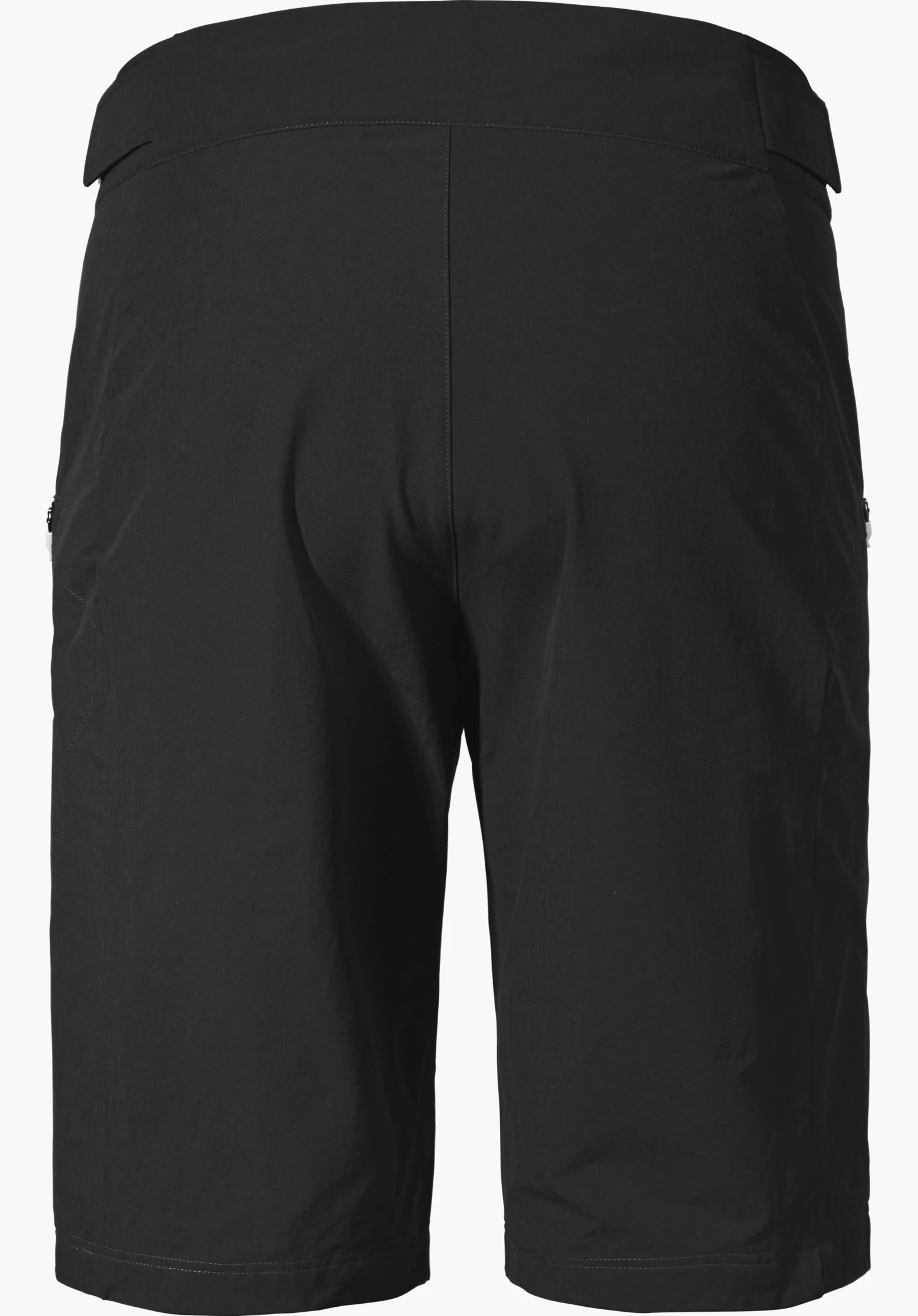 Shorts Style Puula MNS black knee-length shorts, rear view, straight cut, visible centre seam, side zips, resting on a white background.