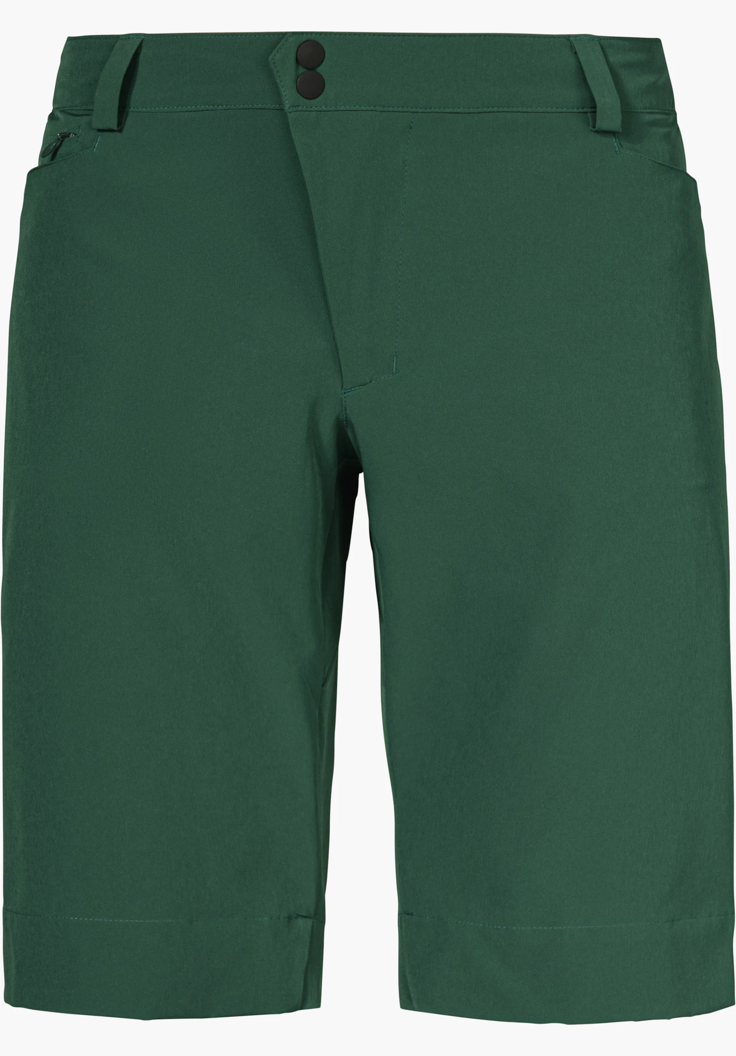 Shorts Style Keitele MNS in green with an asymmetrical button closure and belt loops, isolated against a white background.