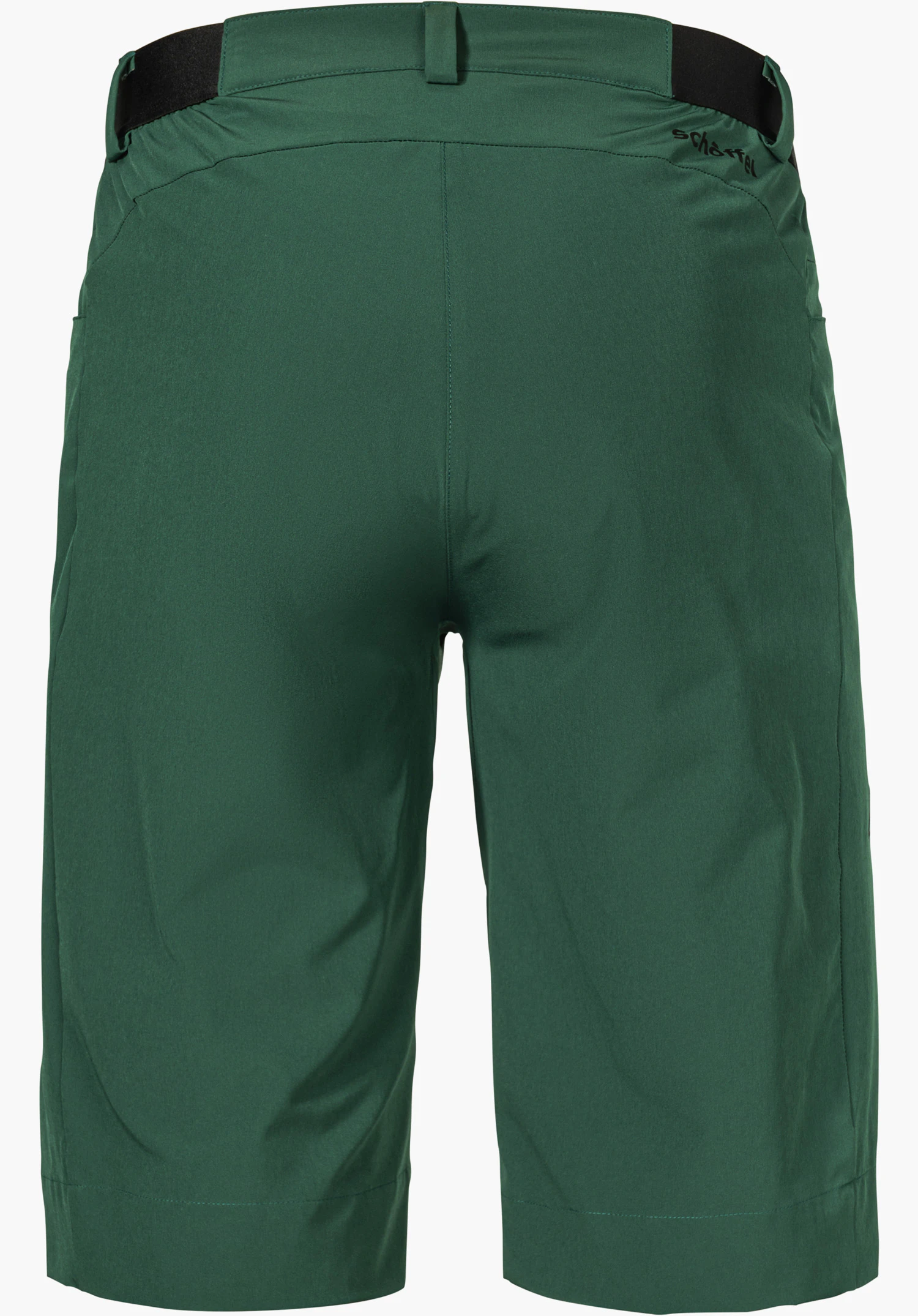 Shorts Style Keitele MNS in green, back view featuring a black waistband and Schöffel logo on the right side, isolated on a white background.