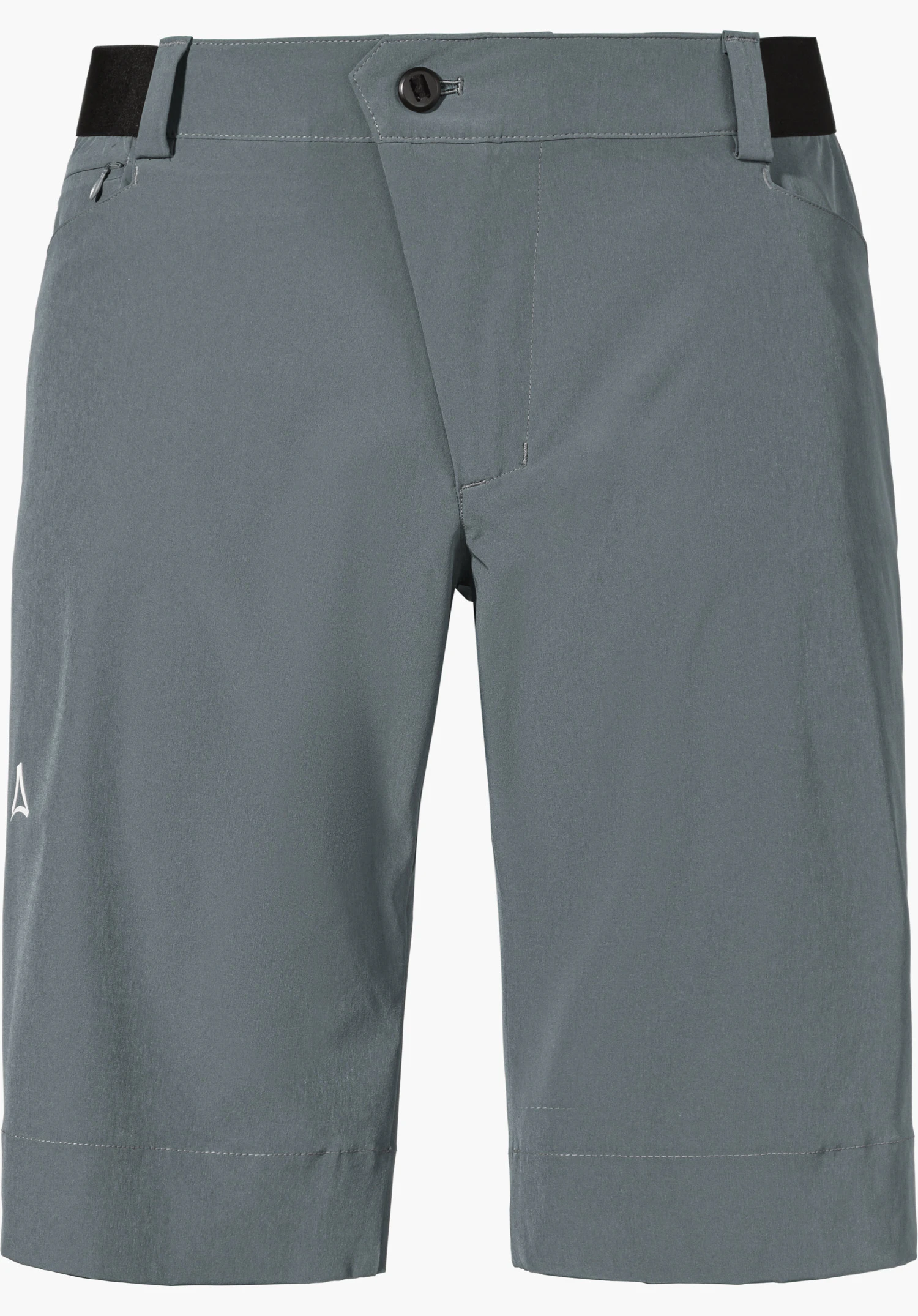 Shorts Style Keitele MNS Korte outdoorshorts in blauw-grijs, toont de voorkant met knoop, tailleband en twee zakken; eenvoudig design tegen witte achtergrond, met Schöffel-logo op het linkerbeen.
