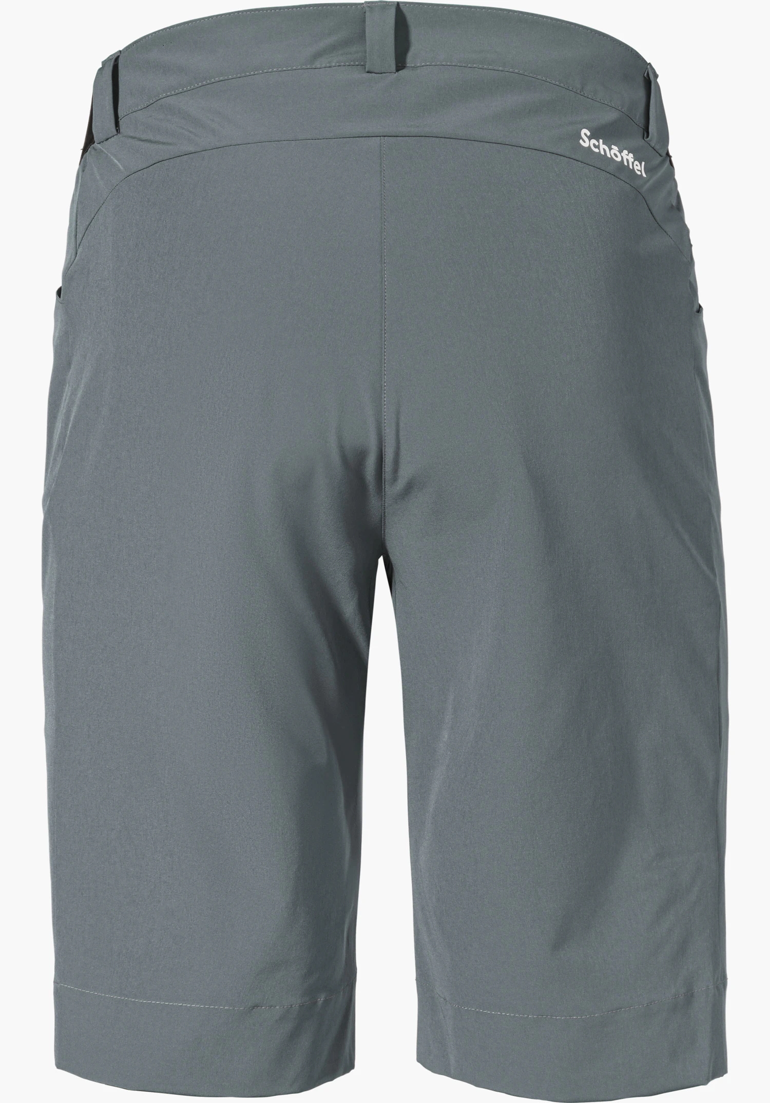 Shorts Style Keitele MNS donkerblauwe knielange short, achteraanzicht; staat recht, glad outdoor-materiaal met zijzakken en riemlussen. Tekst op rechter tailleband: “Schöffel”.