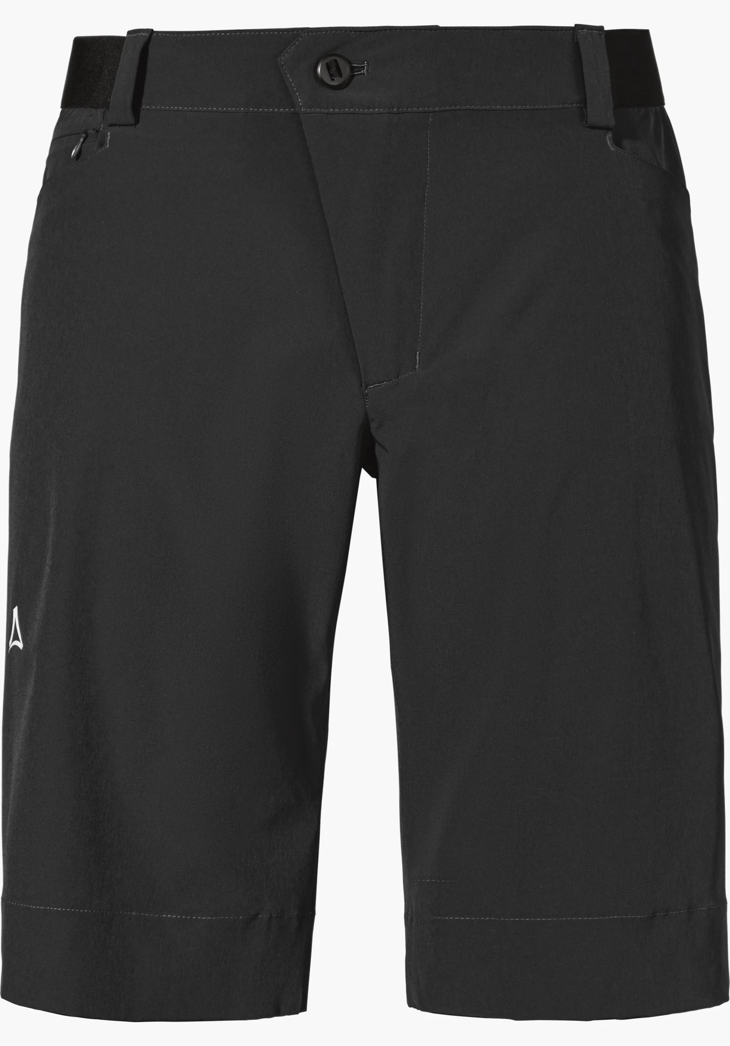Shorts Style Keitele MNS black shorts, straight cut, laid flat; Schöffel logo on left thigh; elastic waistband with button and belt loops; isolated on a white background.
