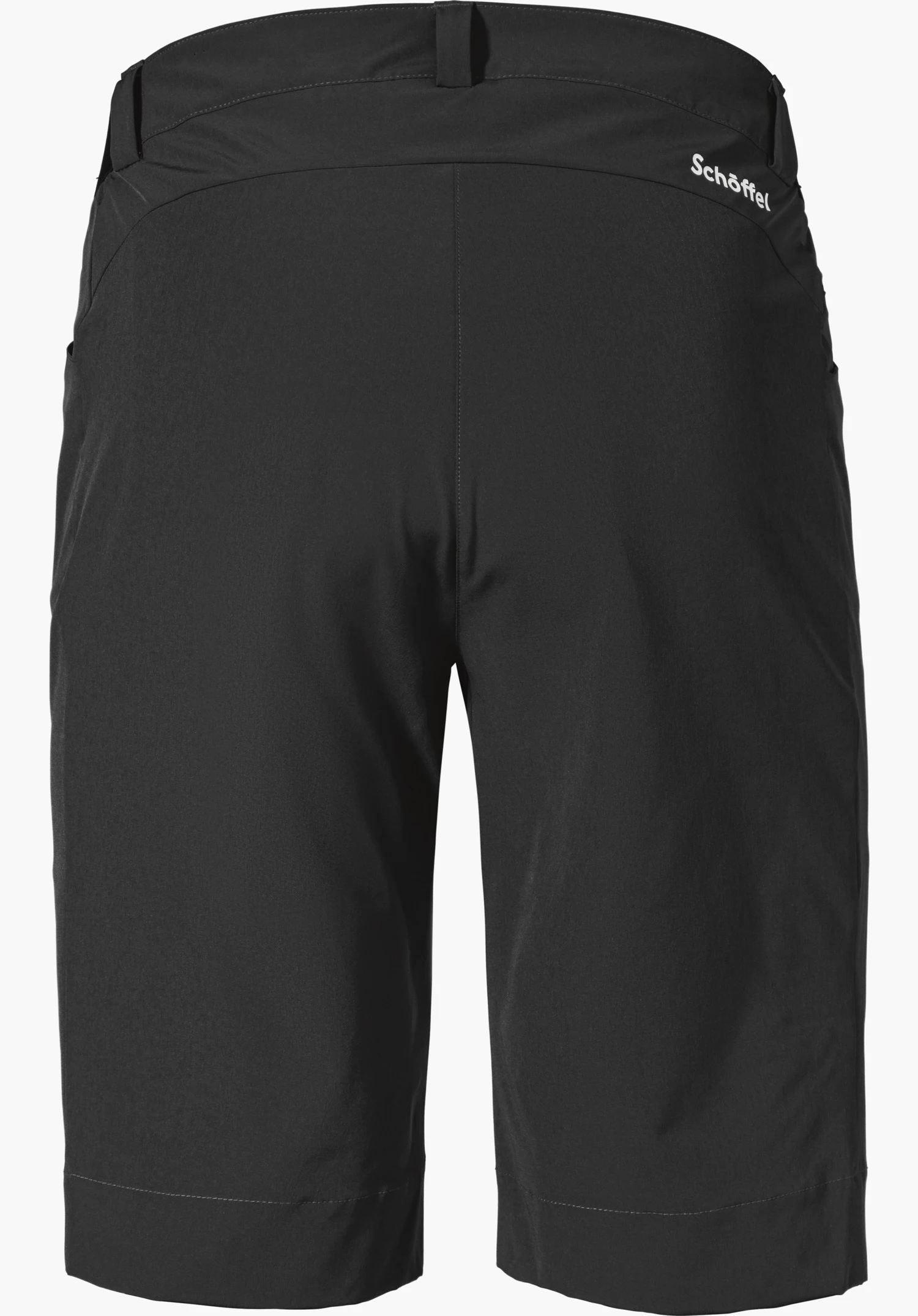 Shorts Style Keitele MNS short black outdoor shorts, shown from the back; laid flat, printed “Schöffel” lettering on the upper right waistband; solid white background.