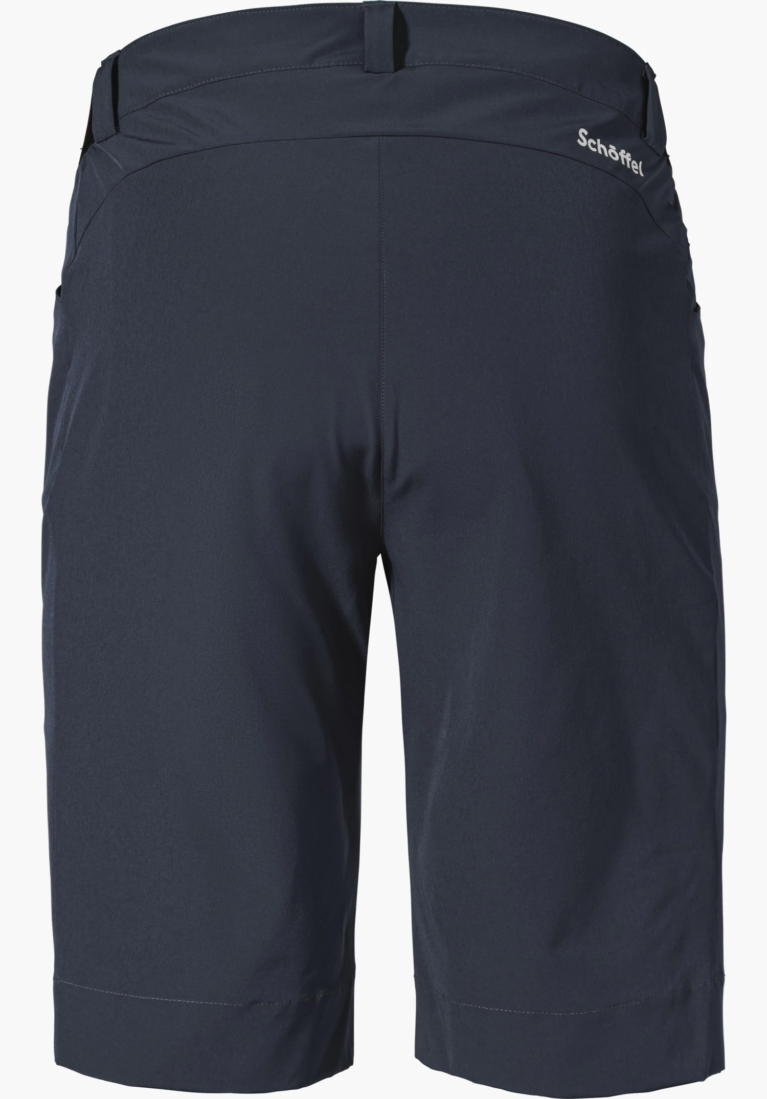 Shorts Style Keitele MNS in blue, back view with belt loops and the Schöffel logo on the right side, isolated on a white background.