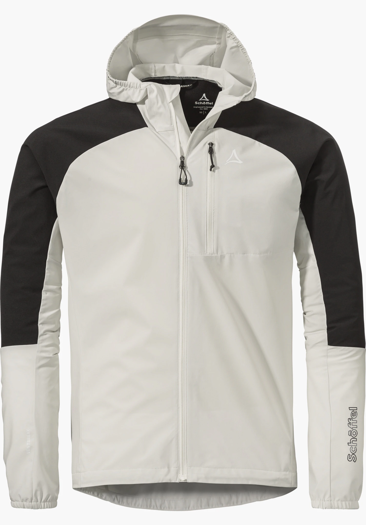 Hybrid Jk Style Mamry MNS in the colour natural with black contrasts on the shoulders, a hood and a visible Schöffel logo on the chest, isolated on a white background.