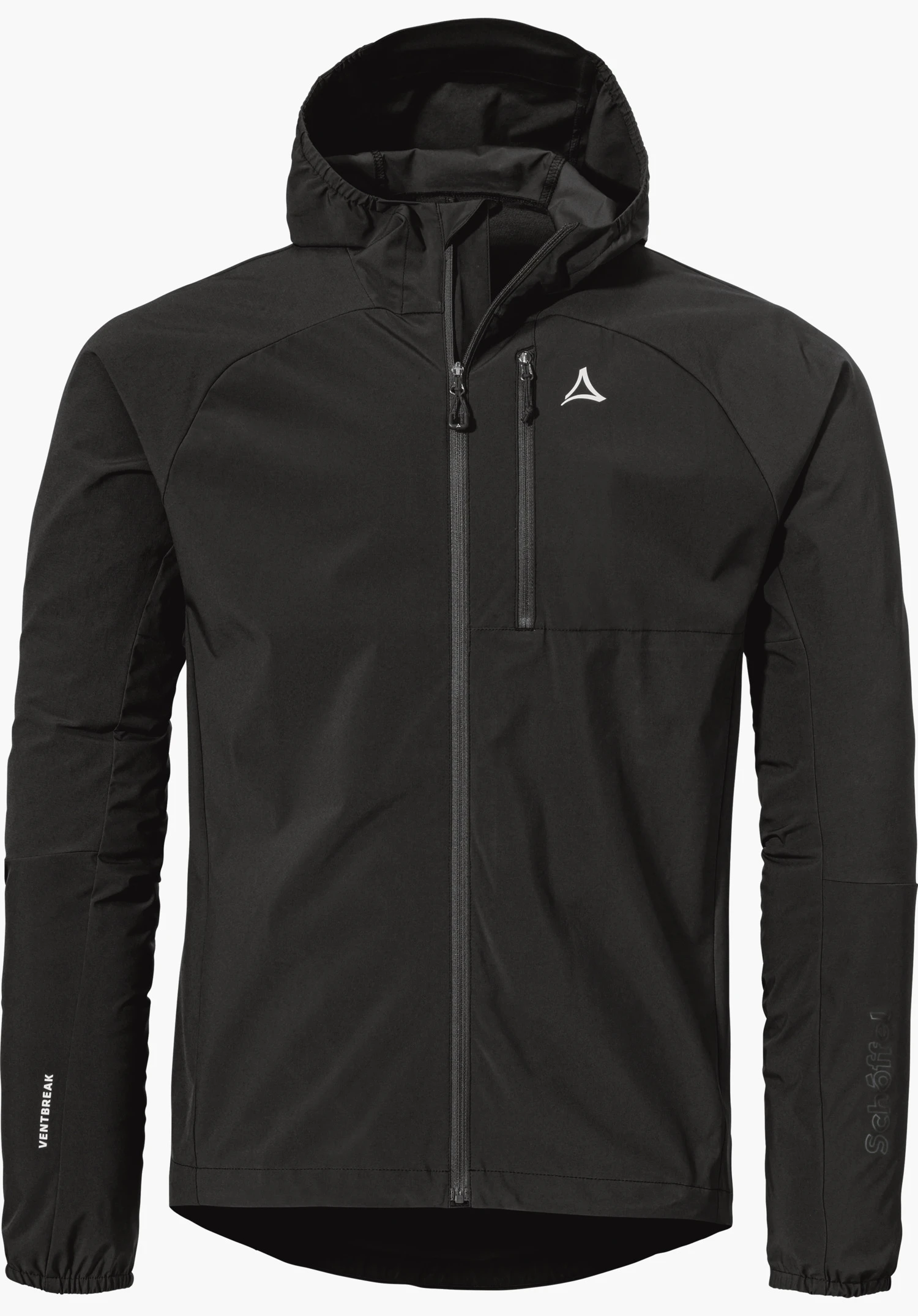 Hybrid Jk Style Mamry MNS as a black hooded jacket with a front zip, chest pocket and Schöffel logo, isolated against a white background.