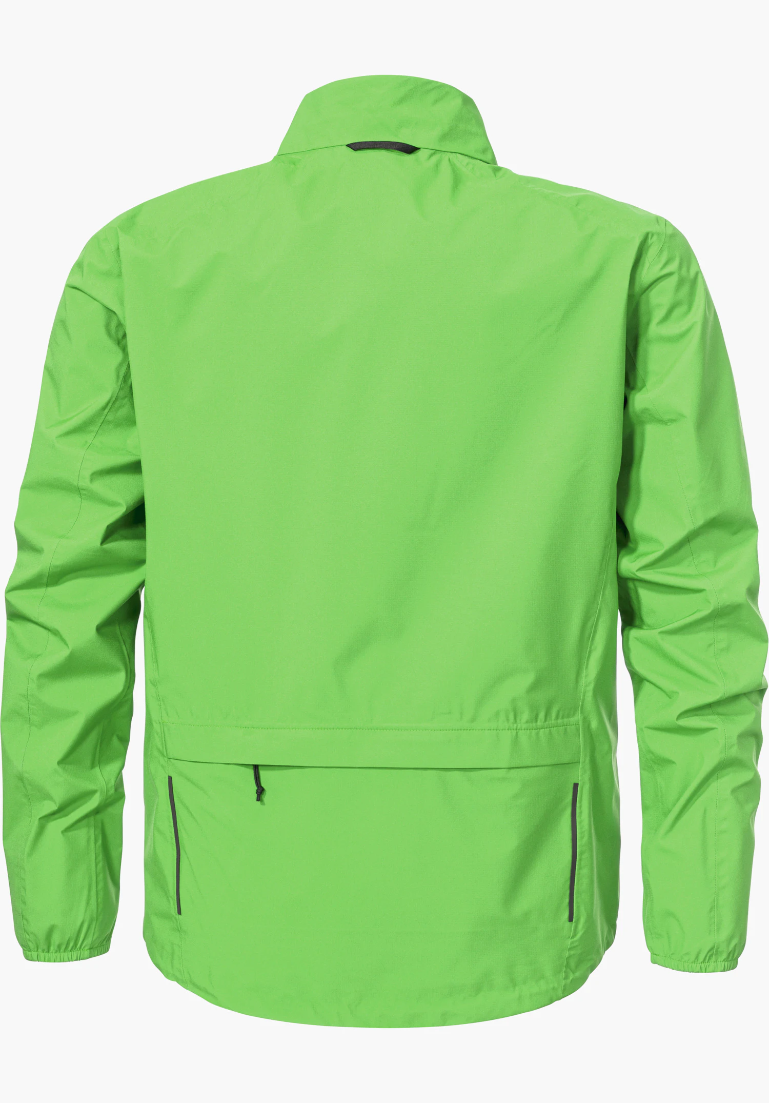 Jacket Style Lurbek MNS in green shows the back of the jacket featuring a distinctive rear pocket and a high collar, isolated against a white background.