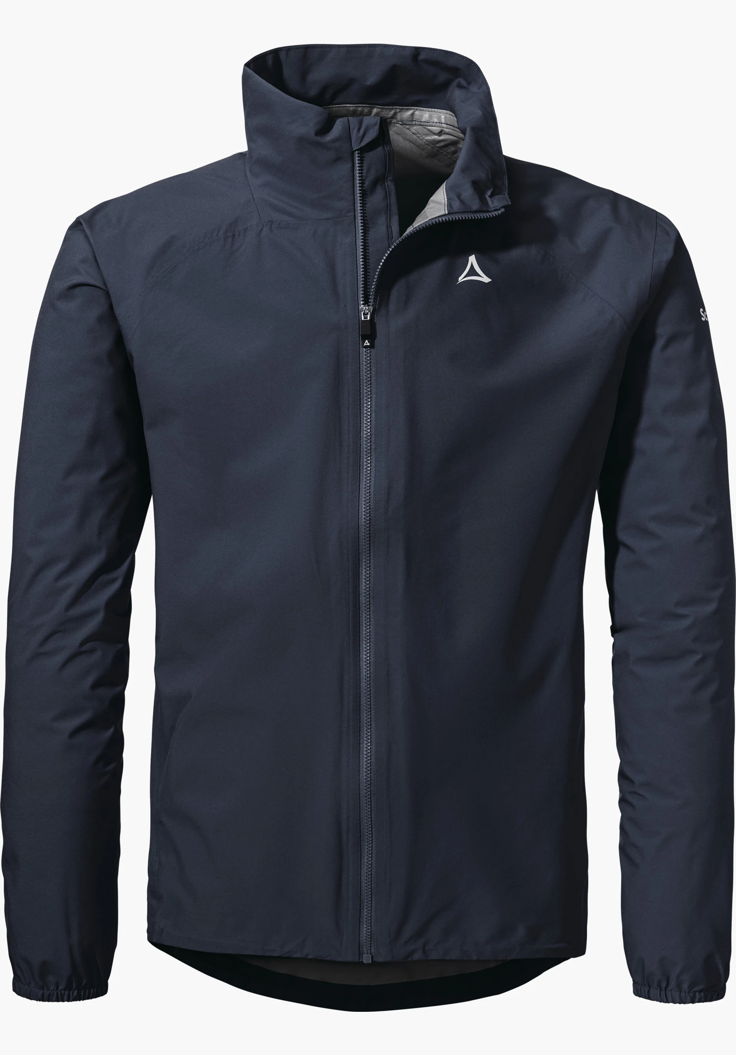 Jacket Style Lurbek MNS Dunkelblaue Jacke mit geschlossenem Reißverschluss, Schöffel-Logo auf der Brust; Ärmel mit Schriftzug "Schöffel". Frontale Präsentation vor weißem Hintergrund.