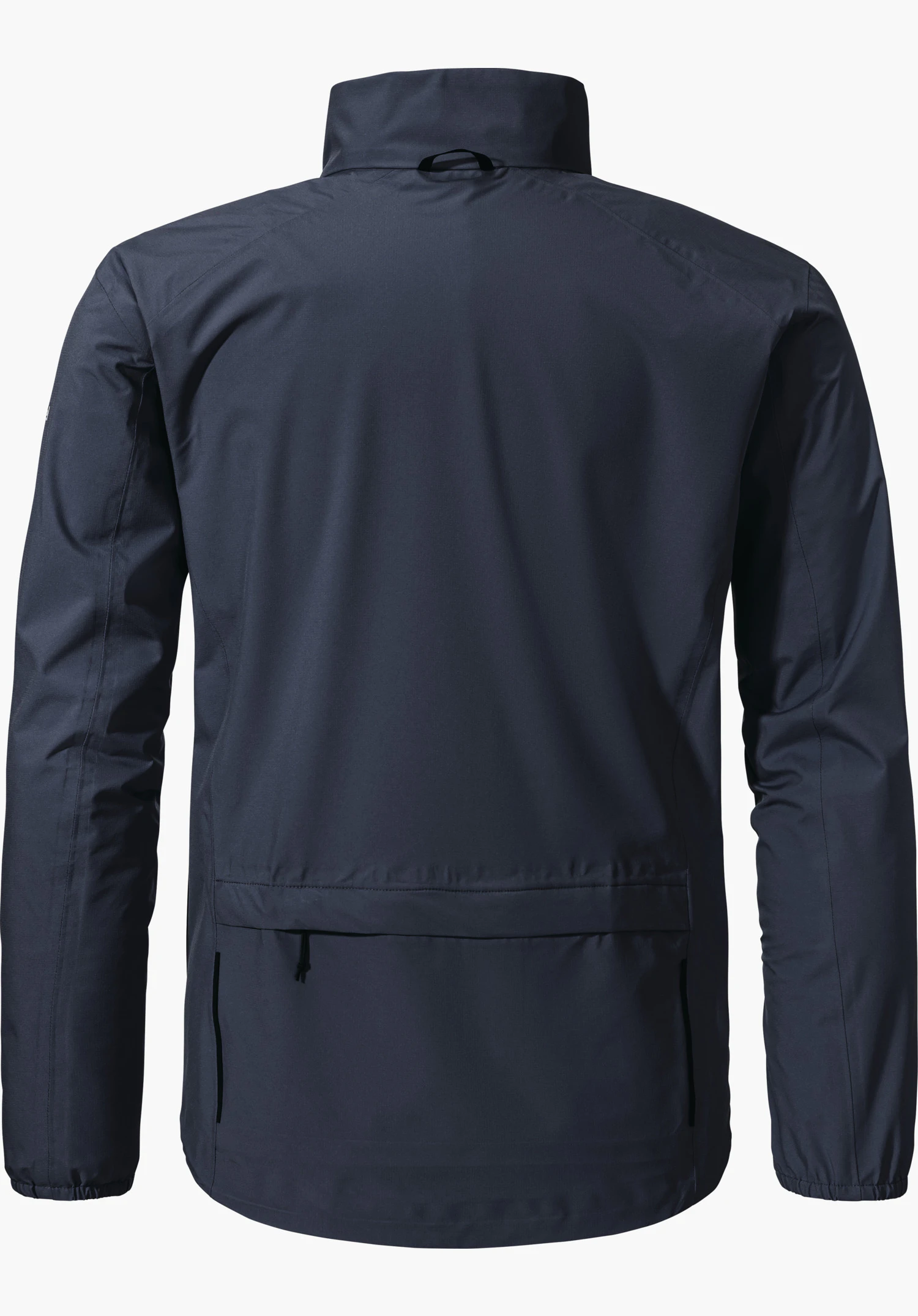 Jacket Style Lurbek MNS dunkelblaue Jacke, Rückansicht; zeigt hohen Kragen, lange Ärmel mit elastischen Bündchen und große rückseitige Tasche mit schwarzem Reißverschlusszug, freigestellt vor weißem Hintergrund.