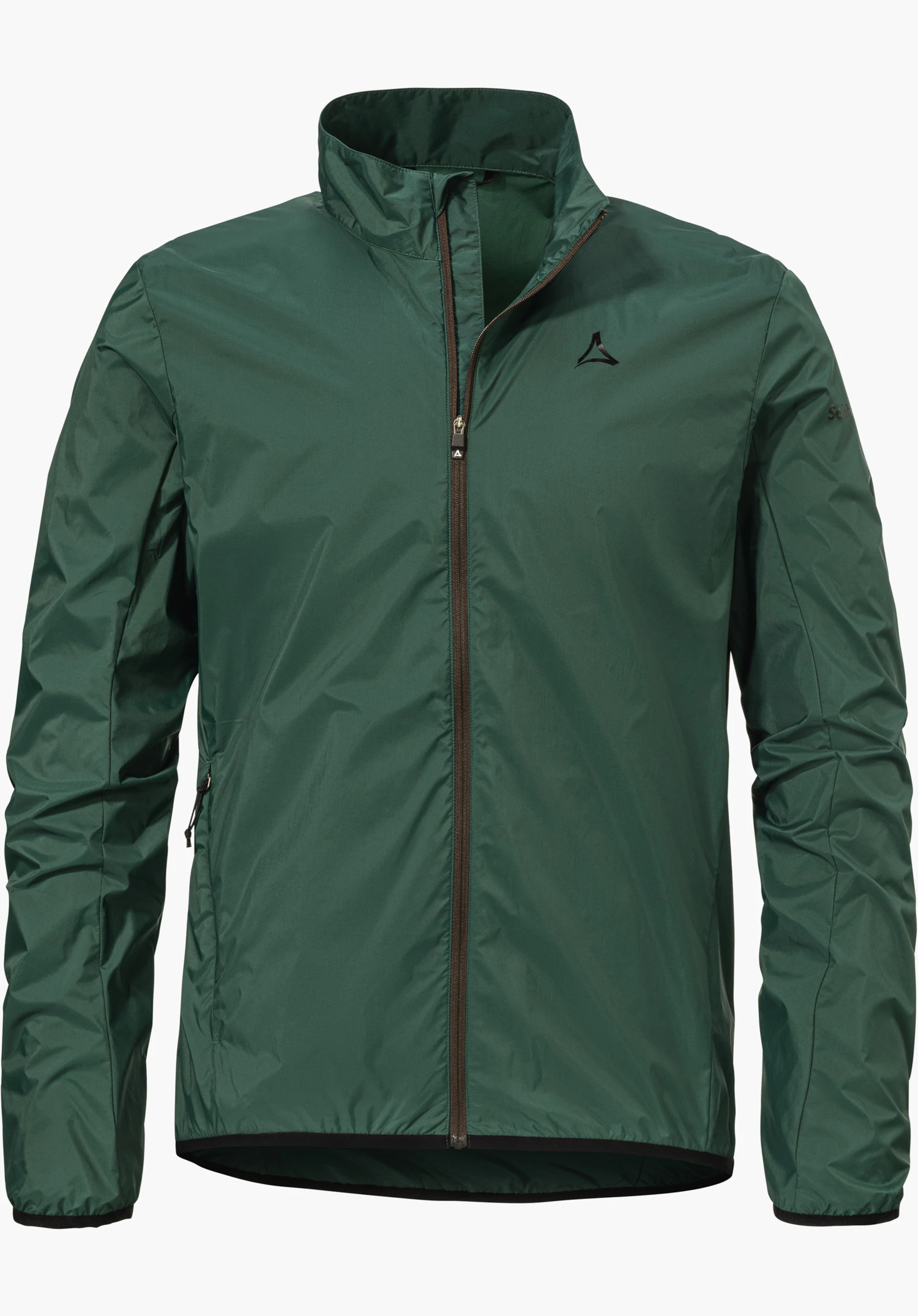 Jacket Style Cannobio MNS in green with a full-length zip and a black Schöffel logo on the left chest, isolated on a white background.