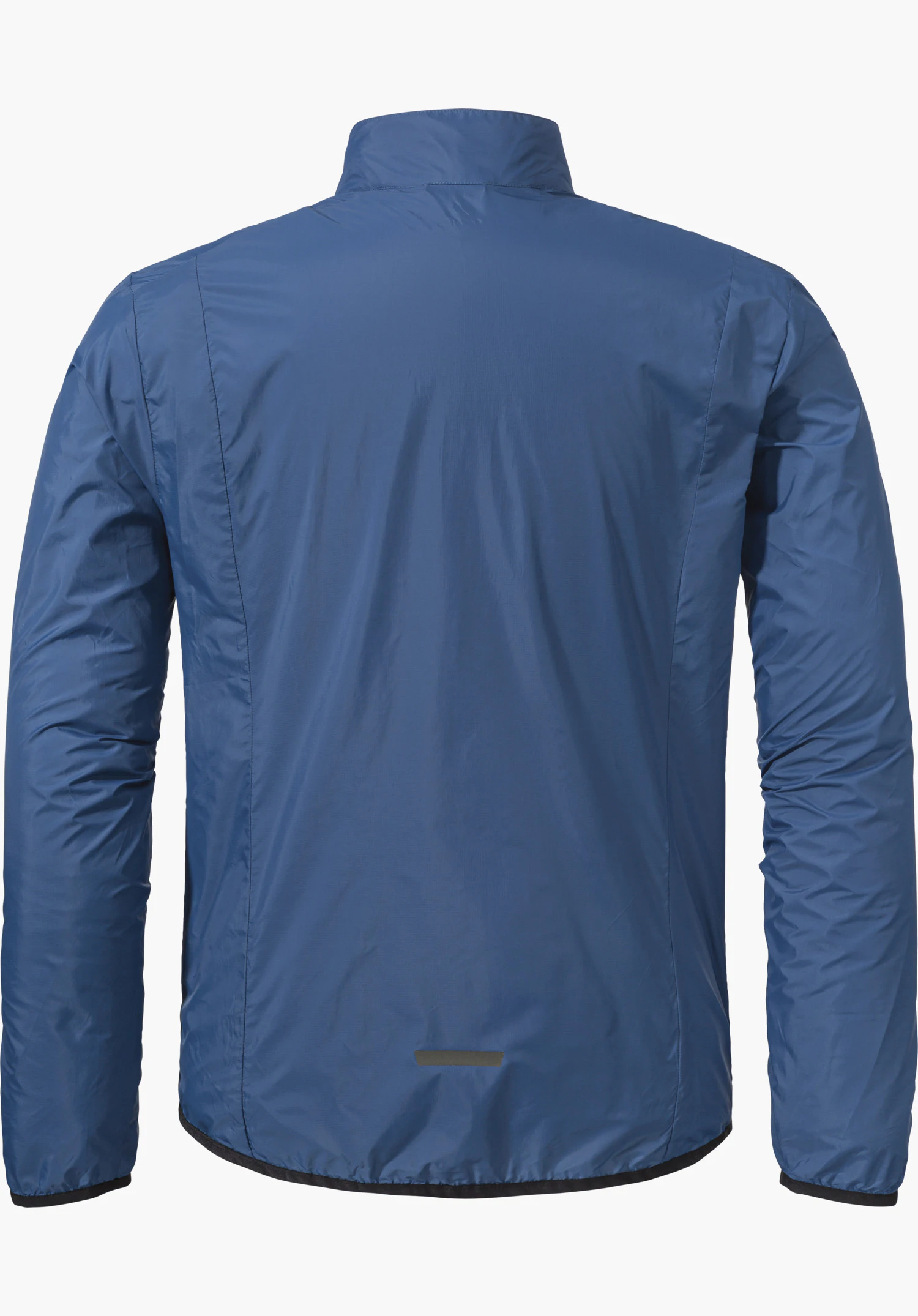 Jacket Style Cannobio MNS Veste bleu foncé manches longues, vue de dos; à plat sur fond blanc, col montant, surface lisse légèrement brillante, petit détail réfléchissant à l’ourlet.
