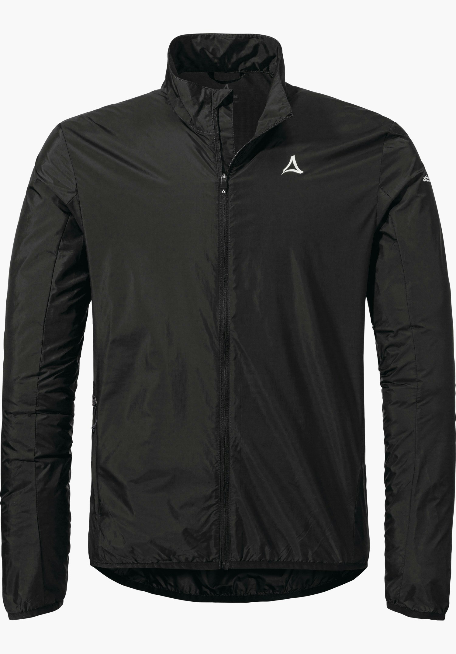 Jacket Style Cannobio MNS Schwarze, leicht glänzende Jacke mit geschlossenem Reißverschluss und Stehkragen; Schöffel-Logo auf linker Brust; Schriftzug "schöffel" auf rechtem Ärmel; weißer Hintergrund.